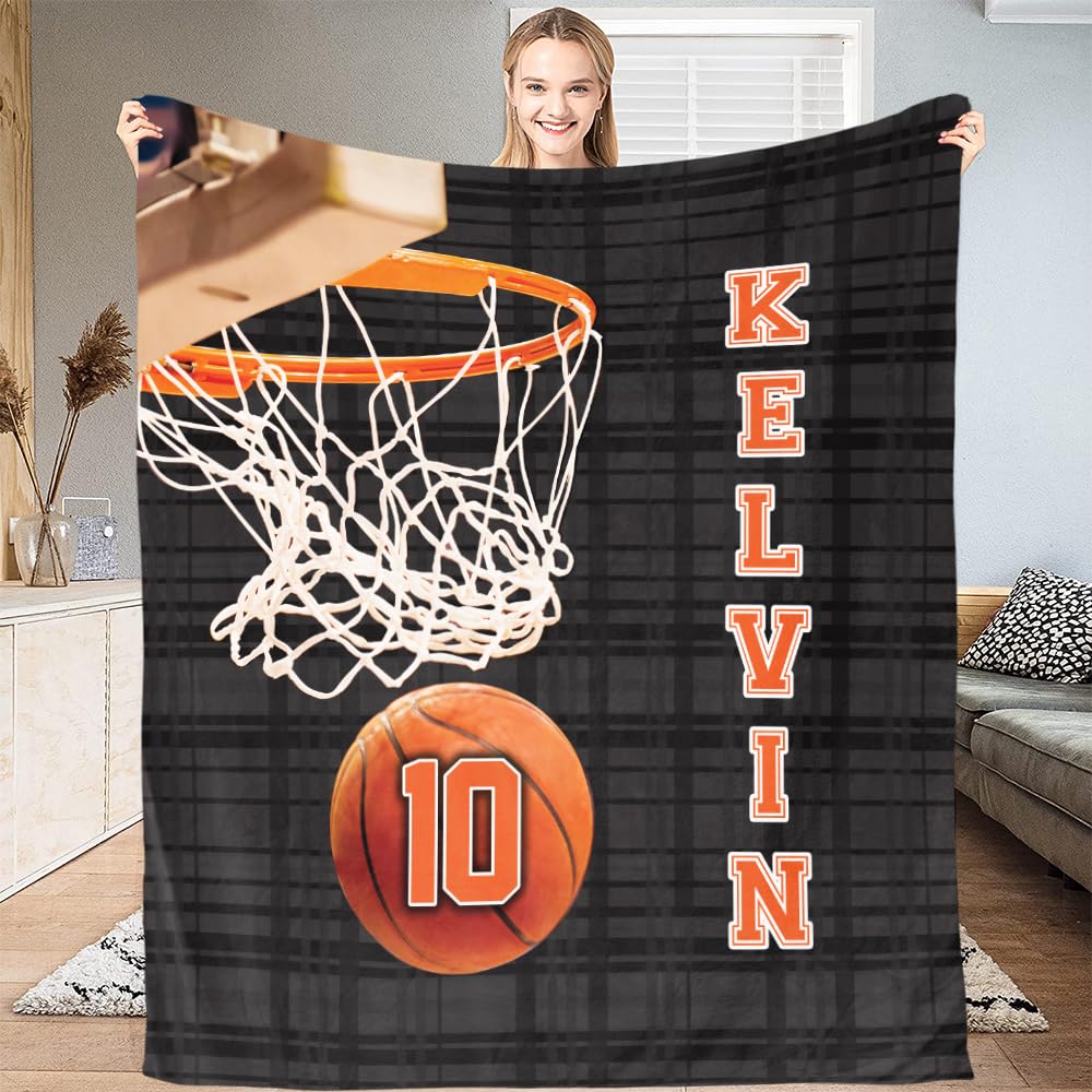SATIGI Personalized Basketball Hoop Blanket with Name Number, Custom (40x30, 50x40, 60x50, 80x60), Gifts for Players Boys Super Soft Warm Throw Sofa, Bed, Small/Medium/Large/X-Large