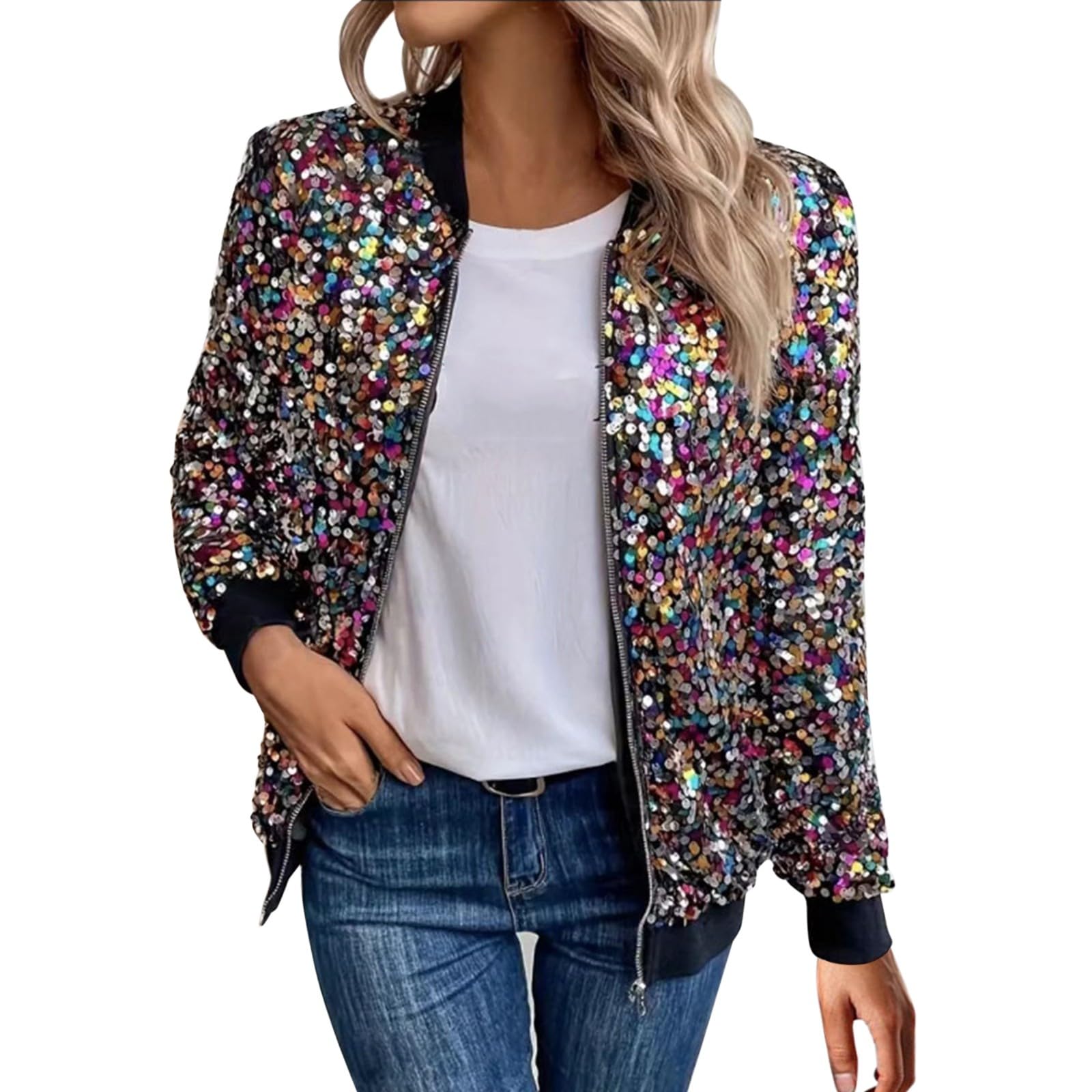 Pailletten Jacke Damen mit Reißverschluss Glitzer Bomberjacke Bolero Elegant Jacken Festliche Disco Kostüm Langarm Casual Pailettenjacke Slim Fit Winter Streetwear Top Glitzertop für Rave Party