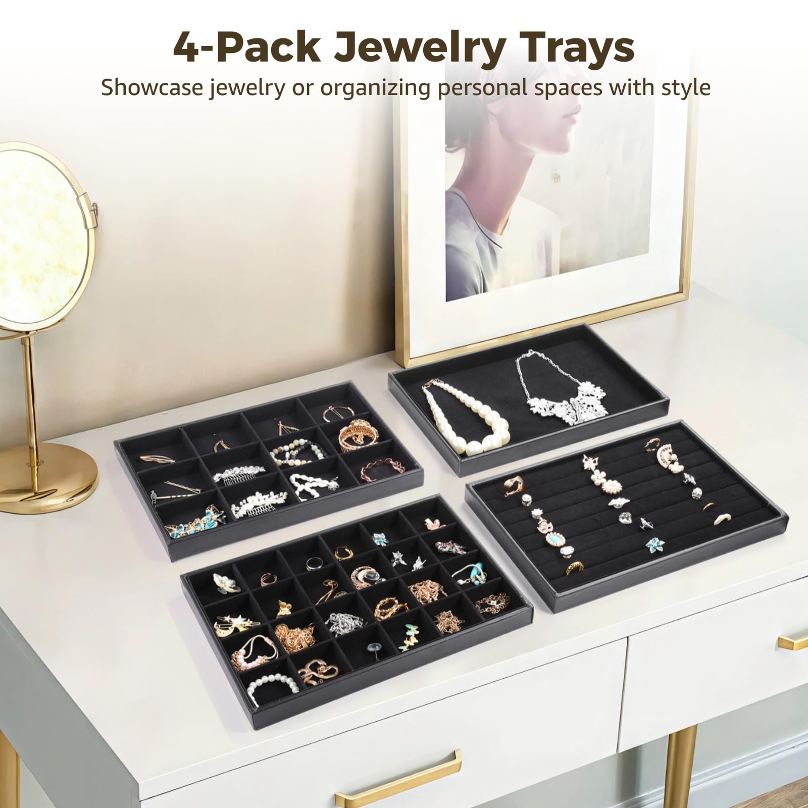 4 bandejas de joyería para organizador de collares y aretes, diseño apilable, bandejas de 12 y 24 compartimentos, 13.8 x 9.4 x 1.2 pulgadas