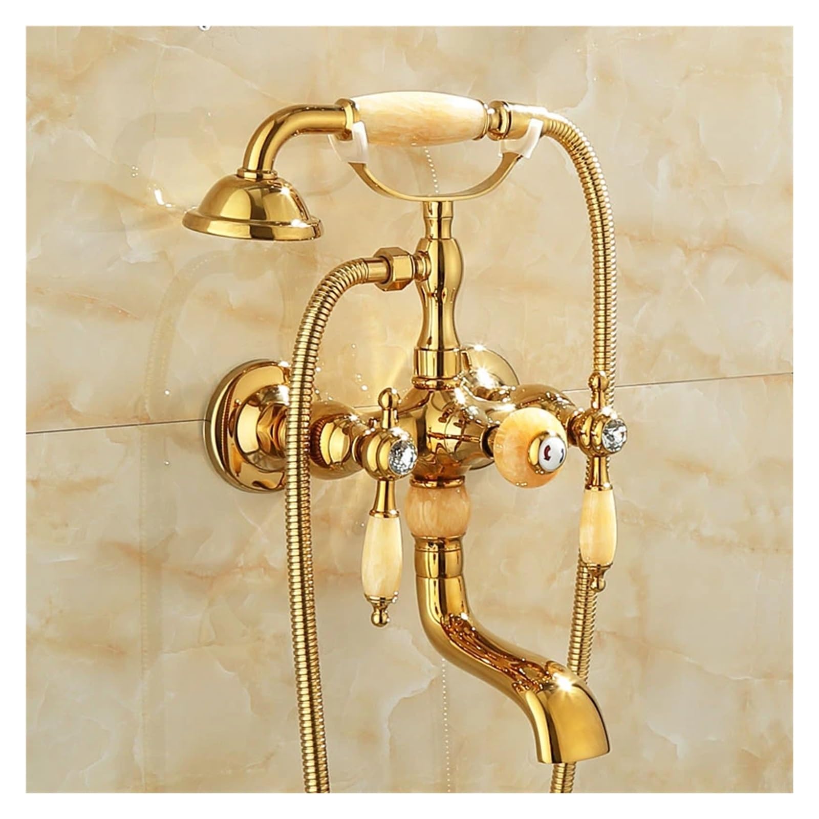 Sxithgkdw A B Faucet, Wall-Mounted Gold Bathtub Shower Faucet Bathtub Faucet With Hand Shower Jade Handles Double Handle Hot And Cold Water Mixer, Kd-301897
