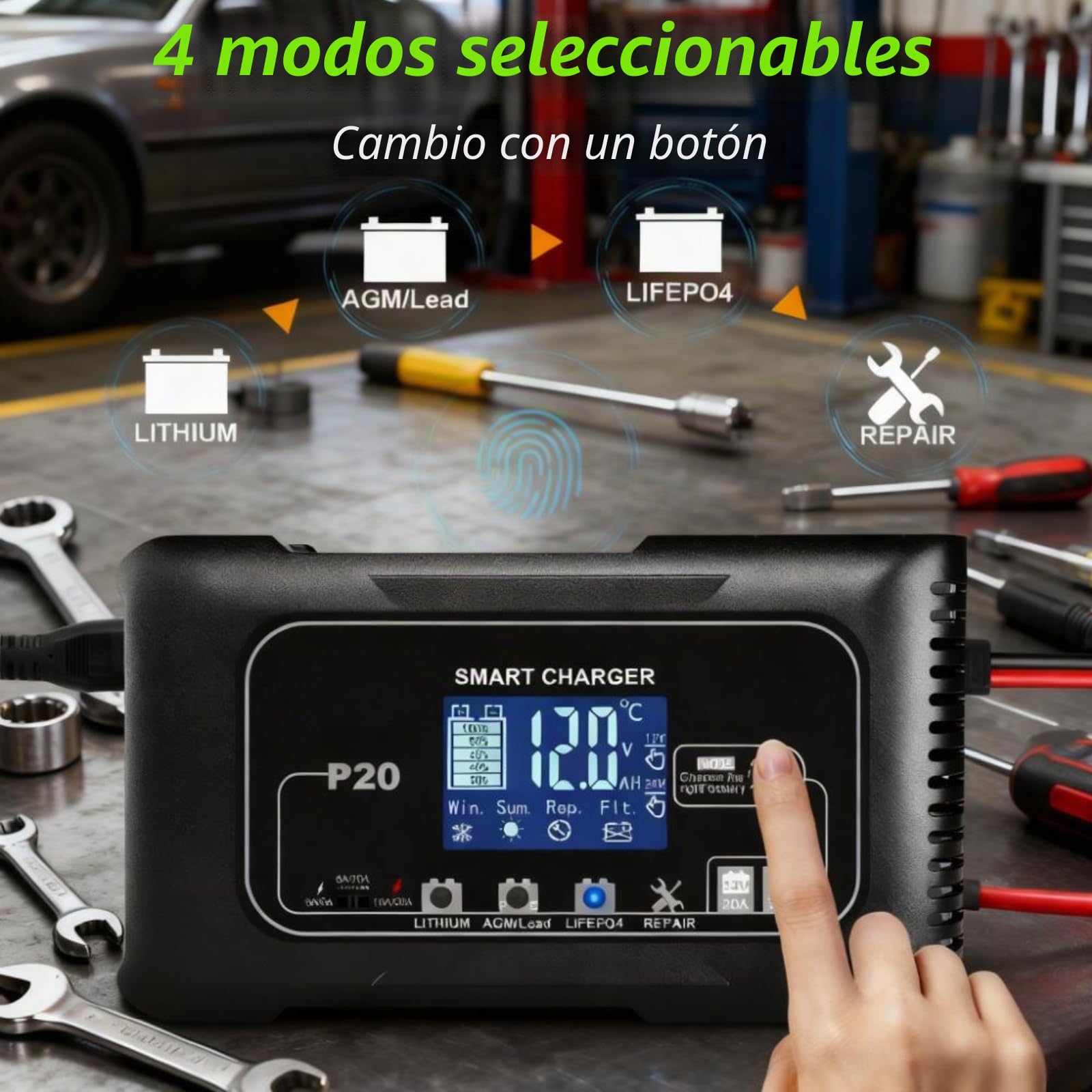 Cargador y mantenedor de batería Inteligente de 12V/24V y 20A, P20 4 Modos de Carga de Litio/AGM/Plomo-ácido/LiFePO4,con Pantalla LCD y función de reparación por pulsos,para automóviles,Motocicletas