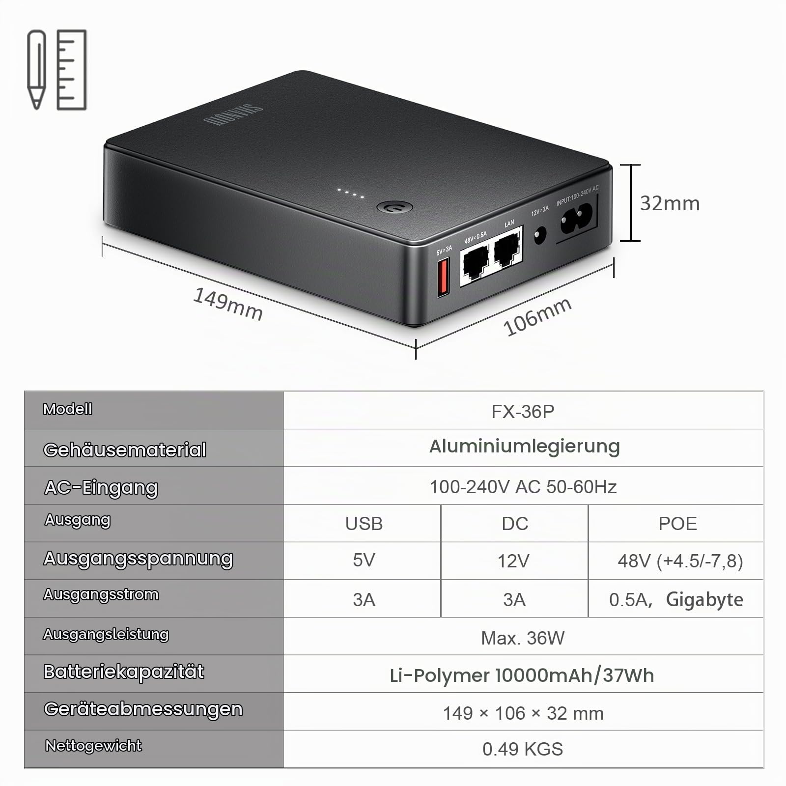 Mini UPS mit Gigabit POE für Router, Modem, Überwachungskamera, Eingang AC Ausgang 5V USB 12V DC und 48V POE (1000Mbps)
