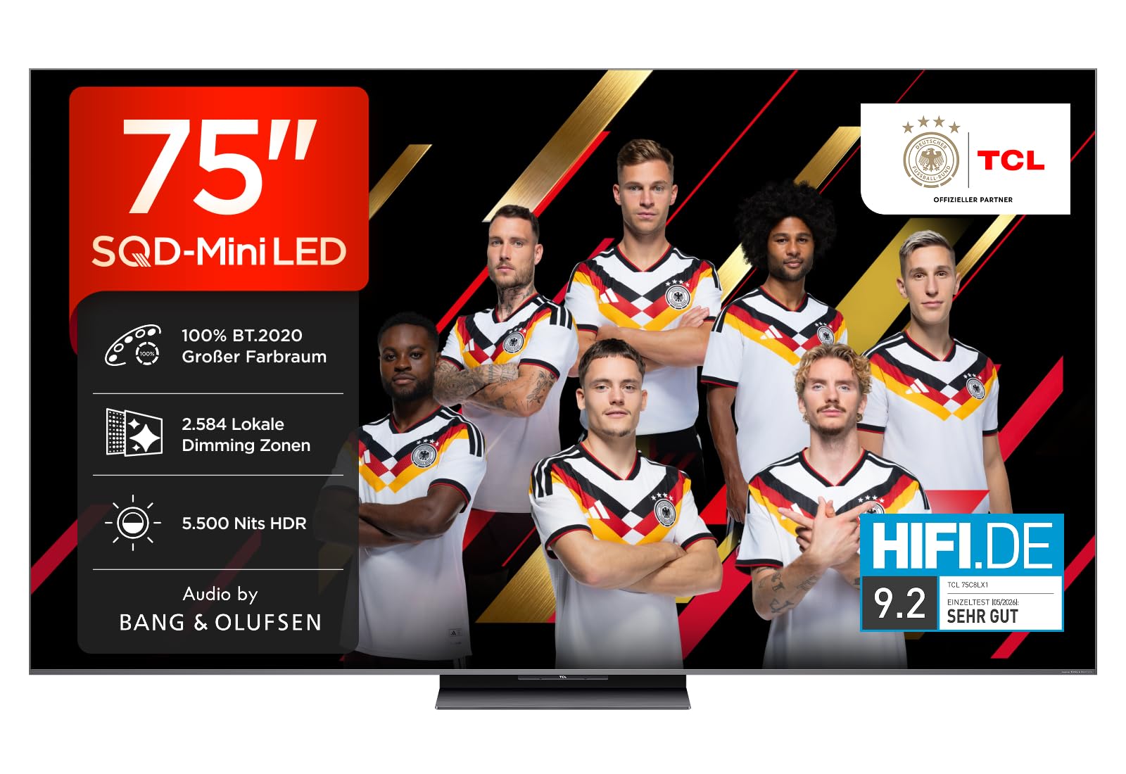TCL 75C8L 75 Zoll SQD-Mini LED Google TV, 100% BT.2020, Super Quantum Dot, 5.500 Nits, 2.584 Local Dimming Zonen,144 Hz, Bang & Olufsen Sound, Dolby Vision & Atmos, Entspiegeltes Display, ZeroBorder
