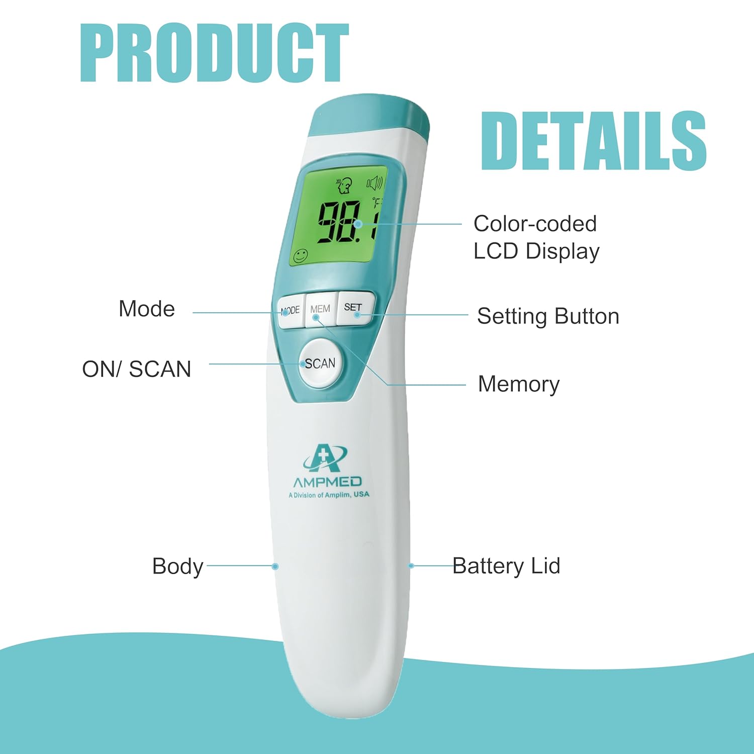 Amplim Hospital Medical Grade Non Contact Clinical Forehead Thermometer for Baby and Adults, Blue Turquoise White