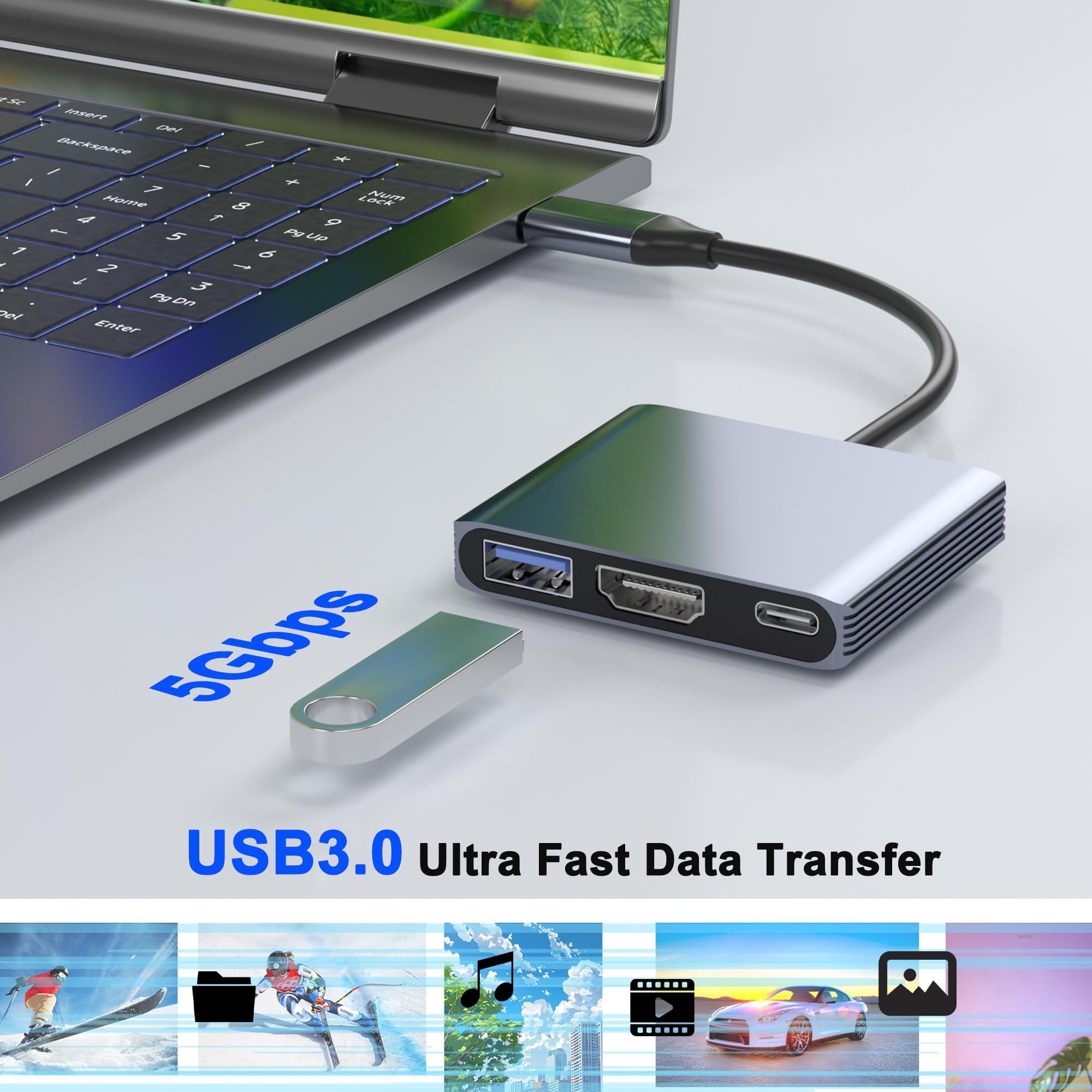 Adapter USB C na HDMI, 3 w 1 cyfrowy wieloportowy adapter AV z wyjściem HDMI 4K, PD 100 W i portem USB 3.0, klucz USB C, kompatybilny z MacBook Pro, MacBook Air, iPad Pro, iPhone 15Pro/16, Dell, HP