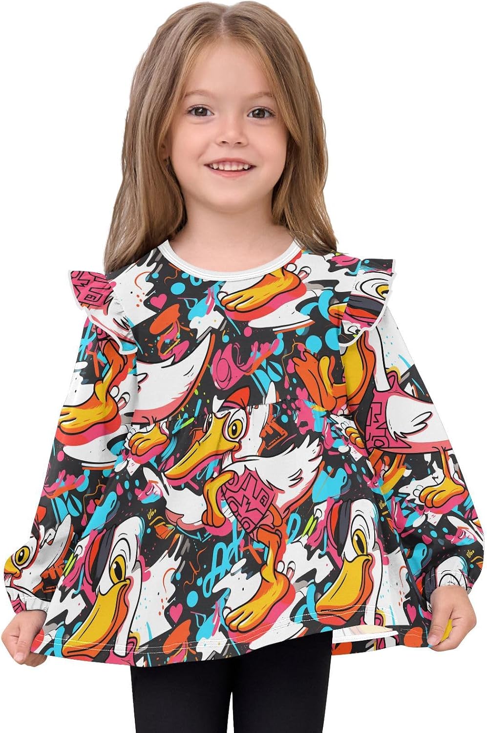 visesunny Toddler Clothes for Girls Colorful Duck Cartoon Long Sleeve Fall Shirts Cotton Top with Ruffle Collar