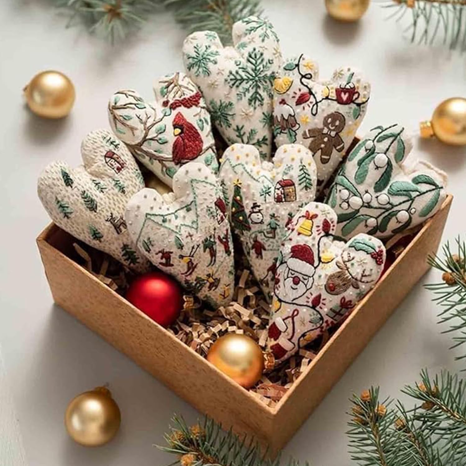 GINGER TECH DIY Heart Embroidery Christmas Decoration, Christmas Embroidery Kit for Beginners, DIY Heart Shaped Hand Embroidered Christmas Ornament Kit with Needles and Thread (8PCS A+B)