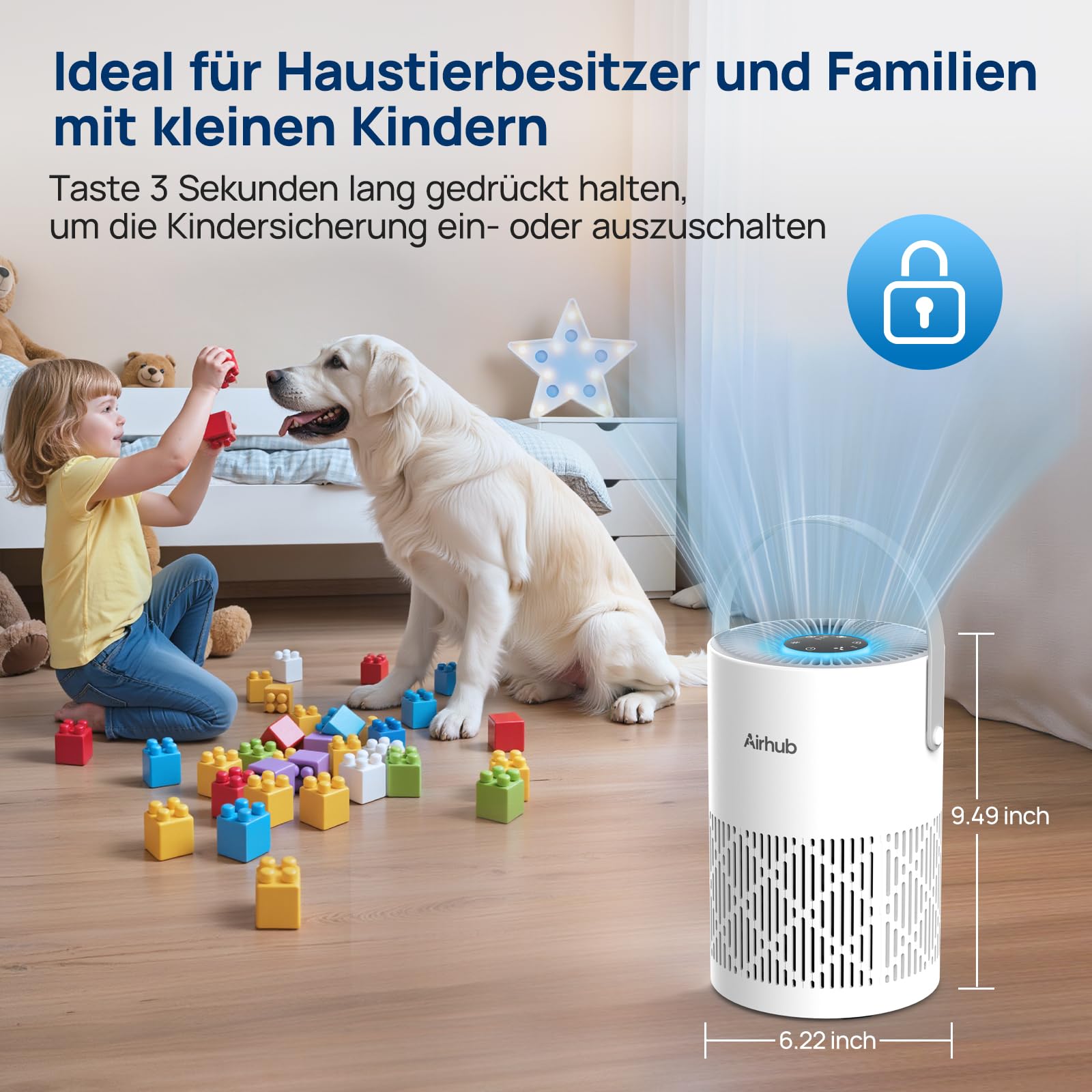 Luftreiniger Allergiker mit H13 HEPA Filter, leise 20dB Luftfilter für Haustierallergene, Gerüche, Staub, für Schlafzimmer Babyzimmer