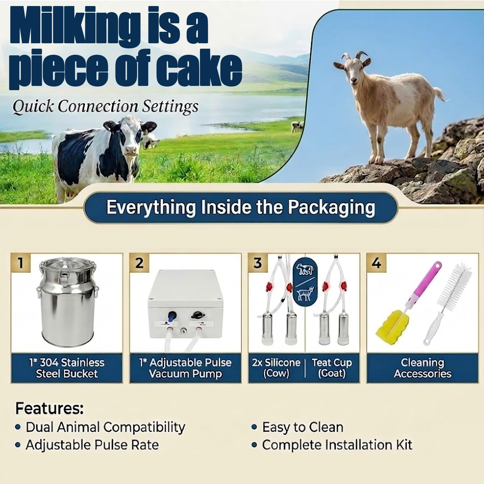 Ordeñadora portátil 2 en 1 de 2,6 gal/10 l for vacas, cabras, con cubo de acero inoxidable apto for uso alimentario, 4 tazas de tetina, sistema de pulsación, for rancho, uso doméstico de lácteos
