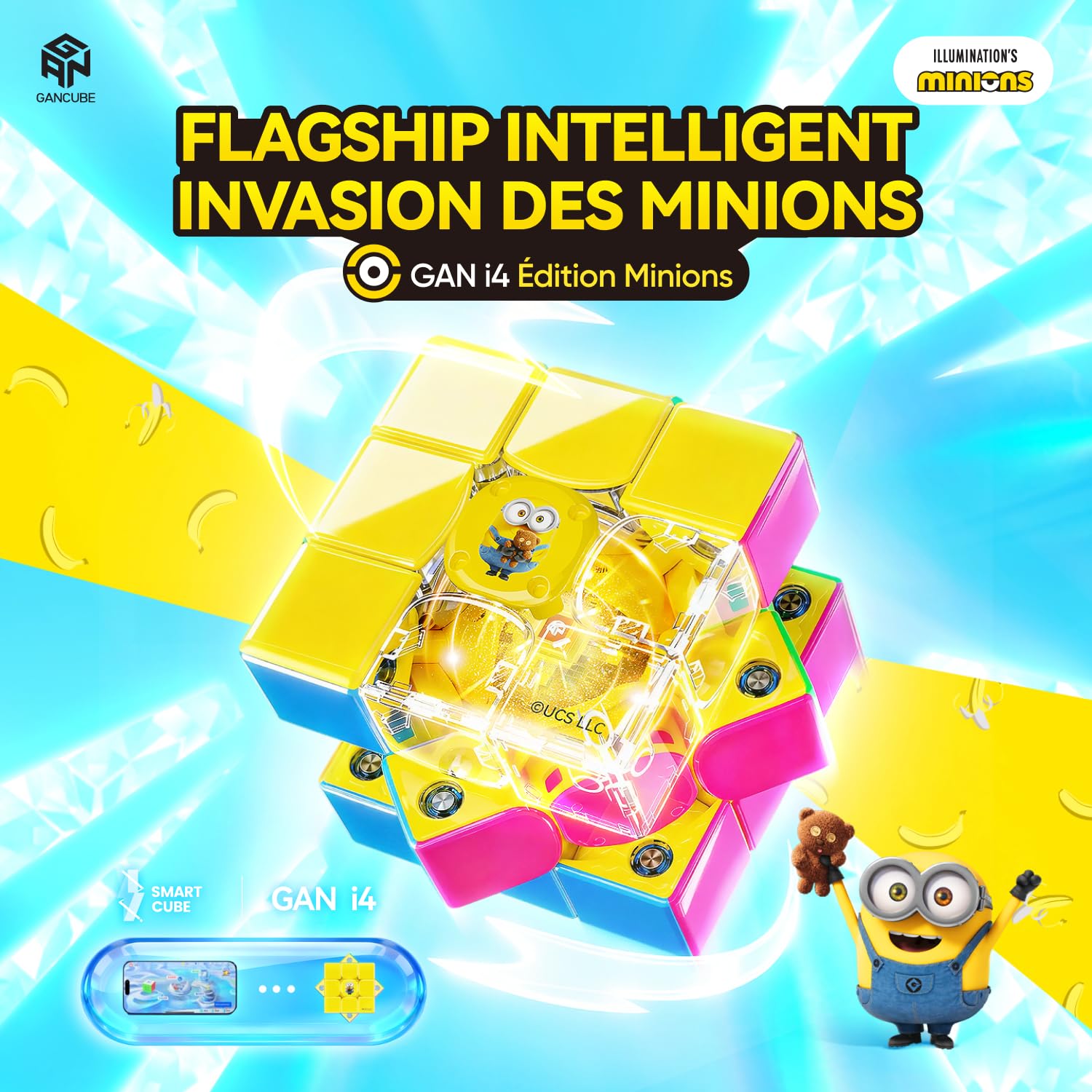 Pack GAN Speed Cube-i4 Maglev Version UV+ i4 Minions Édition, avec GanPod pour Compétitions en Ligne et Collection – Cadeau pour Tous Âges