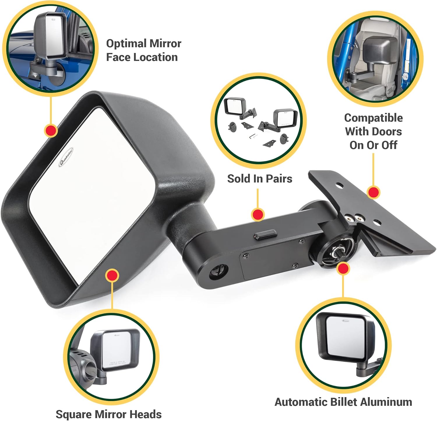 Quadratec Automatic Mirror Relocation Kit with Mirror Heads - Fits Jeep Wrangler JK 2007-2018 - Retains Factory-Like Visibility - Keeps Mirror Head in Factory Position When Riding with Tube Doors