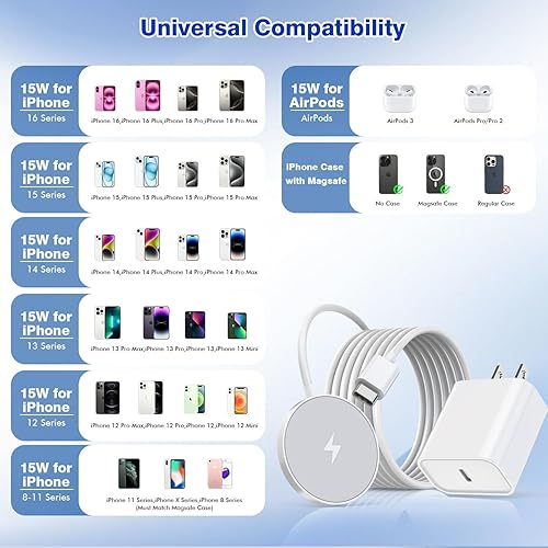 Miniatura 7 de Certificado MFi de Apple Cargador inalámbrico magnético Apple Mag, 15 W, 6 pies, almohadilla de carga inalámbrica rápida para Apple iPhone 16 Pro