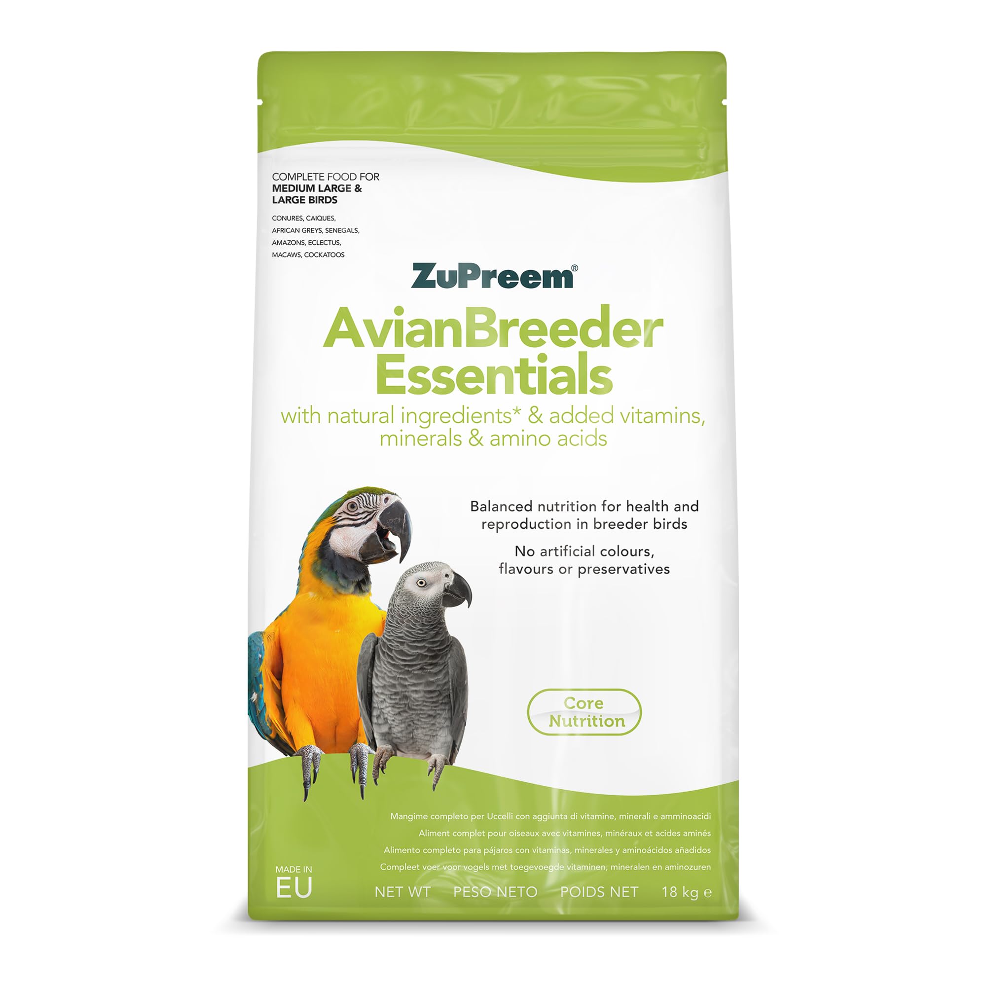 ZuPreem Essentials Breeder Alimento para Aves de Tamaño Mediano-Grande y Grande - Pienso para Pájaros Indicado para la Cría de Cotorras, Loros Grises, Guacamayos, Cacatúas y Caiques -18 kg