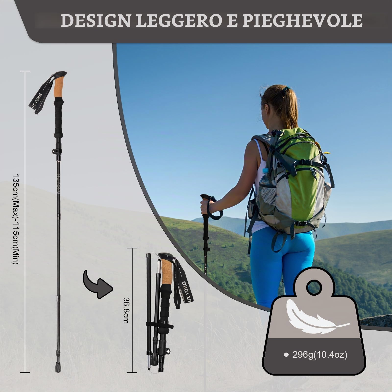 HUINING Bastone da trekking con manico in sughero, pieghevole, telescopico, bastoni da nordic walking per uomo e donna, bastoni da trekking, ultraleggeri in alluminio con molti accessori, 115