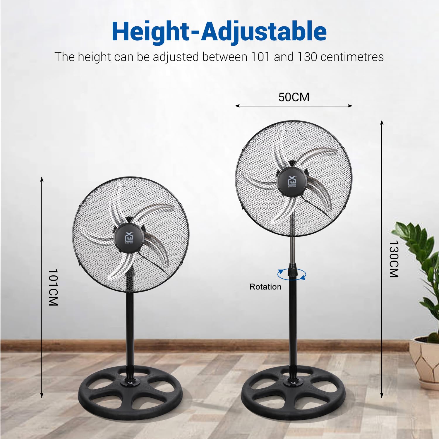 Ventilatore a terra con altezza regolabile da 101 a 130 cm, 3 velocità (bassa, media, forte), oscillazione a 90°, griglia di sicurezza antincagli, lotto da 2.
