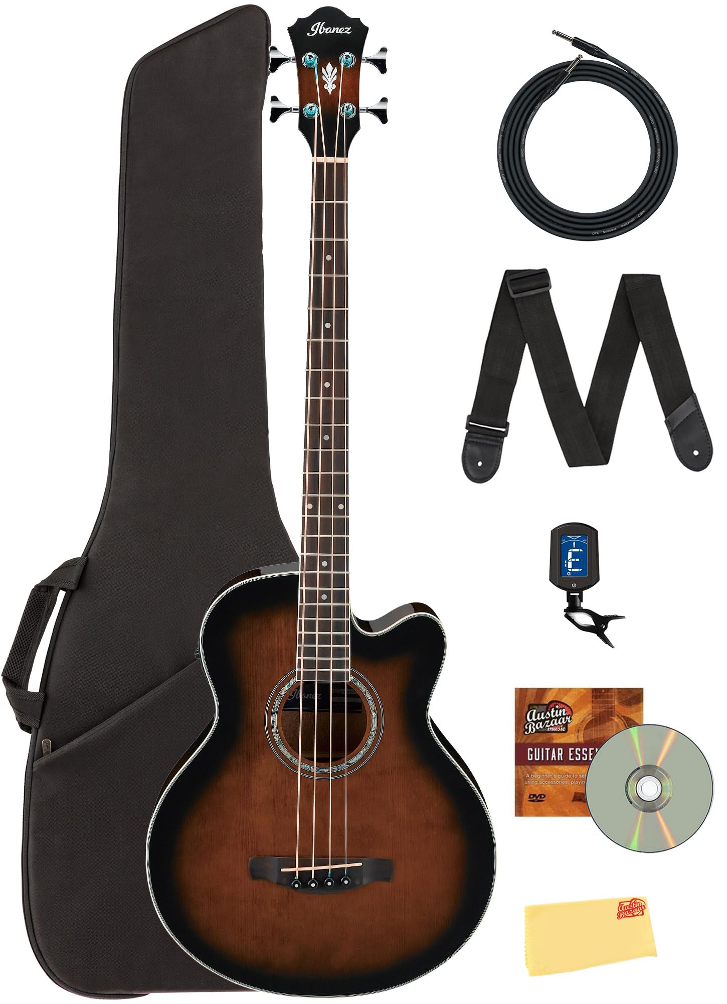 Ibanez AEB10E Acoustic-Electric Bass Guitar - Dark Violin Sunburst Bundle with Gig Bag, Tuner, Strap, Instrument Cable, Austin Bazaar Instructional DVD, and Polishing Cloth