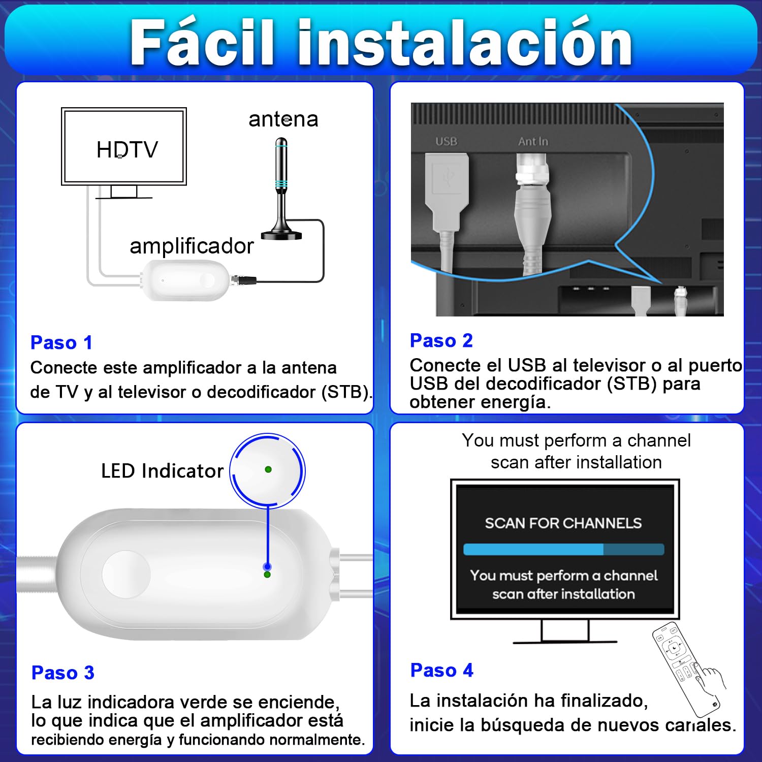 Amplificador de Señal para Antena TV Interior – USB Booster para TDT DVB-T/DVB-T2, Mejora Recepción para Canales HD 4K, Compatible con Smart TV, Cable USB 1 m + Coaxial 0,3 m (White)