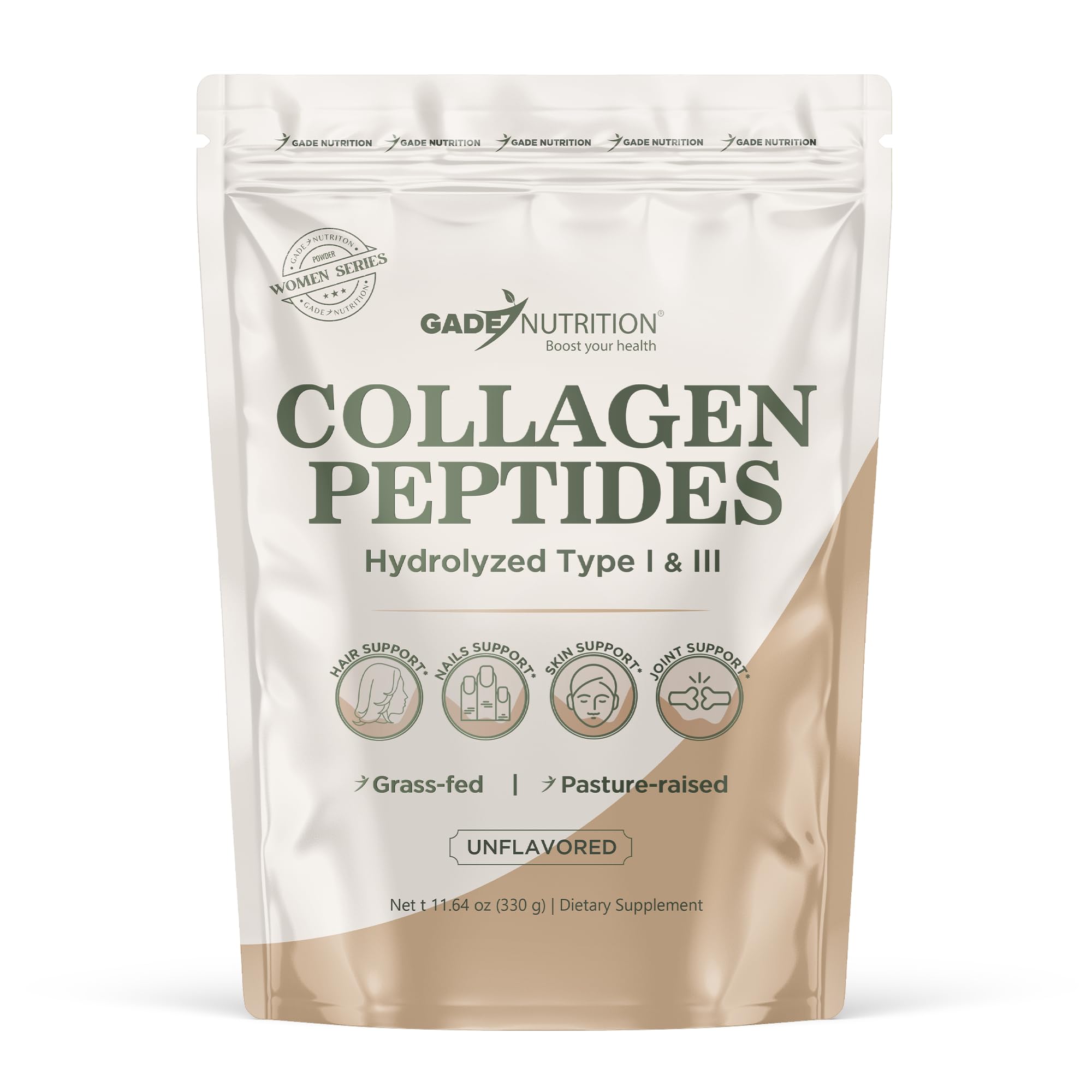 Gade Nutrition Collagen Peptides Powder Hydrolyzed Type I and III | Unflavored | 30 Servings | Supports Hair, Nails, Skin, Joints | Made in USA