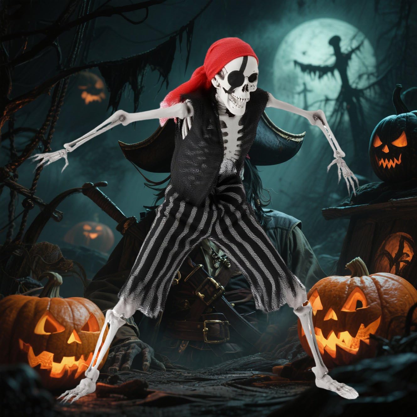 Wilitto 5.4Ft Large Pirate Skeleton Halloween Pirate Decoration Outdoor, Life Size Skeleton Poseable, Standing Skeleton Decor For Halloween