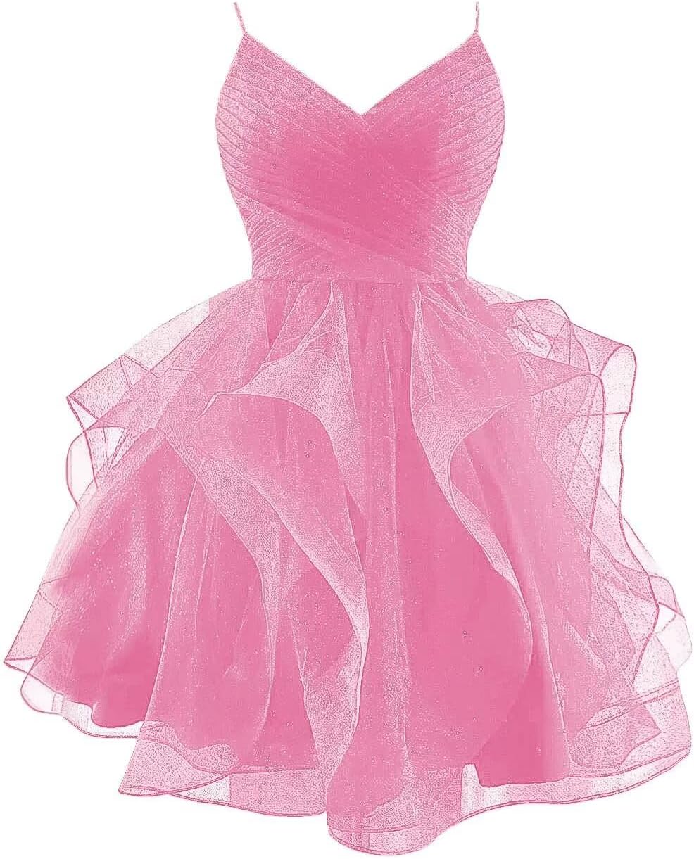 Glitter Tulle Short Prom Dress Spaghetti Straps V Neck Tiered Homecoming Dresses for Teens 2025 Sparkly Cocktail Gown