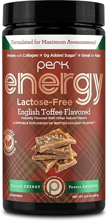 Perk Energy Lactose-Free Drink Mix English Toffee 18 Servings, Soy-Free | Caffeinated Healthy Coffee Alternative with Protein, 100mg of Caffeine, Gluten-Free