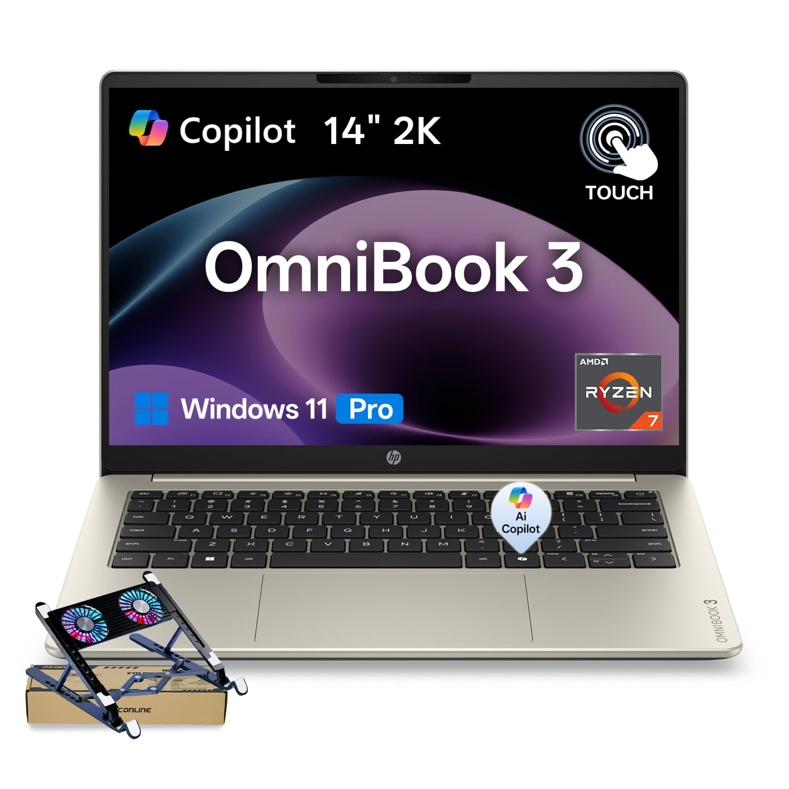 OmniBook 3 14" Touchscreen 2K Laptop, AMD Ryzen 7 250,16GB DDR5 1TB SSD