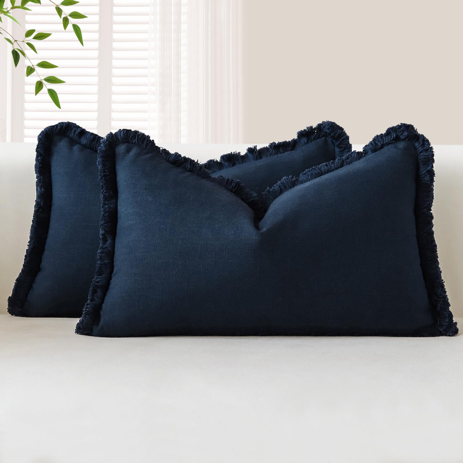 OTOSTAR Set di 2 federe decorative in lino con frange, 30 x 50 cm, morbide federe per cuscino lombare, con nappe, decorazione per la casa, per divano, patio, letto, soggiorno, blu navy