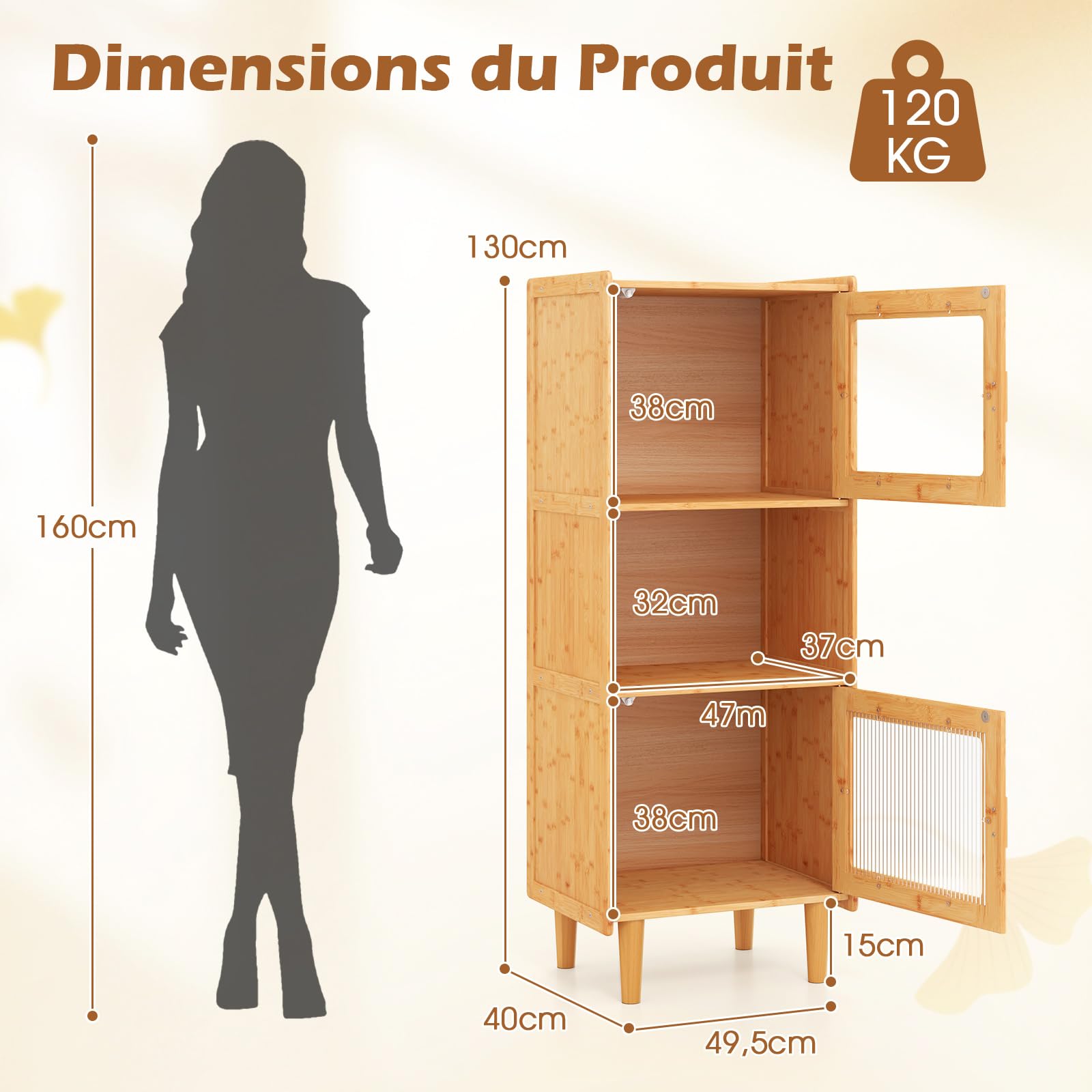 COSTWAY Buffet Vitrine 3 Compartiments, Armoire Cuisine Bambou Naturel, 49,5 x 40 x 130 cm, Porte Magnétique, Vaisselier Colonne Cuisine, Bibliothèque Salon