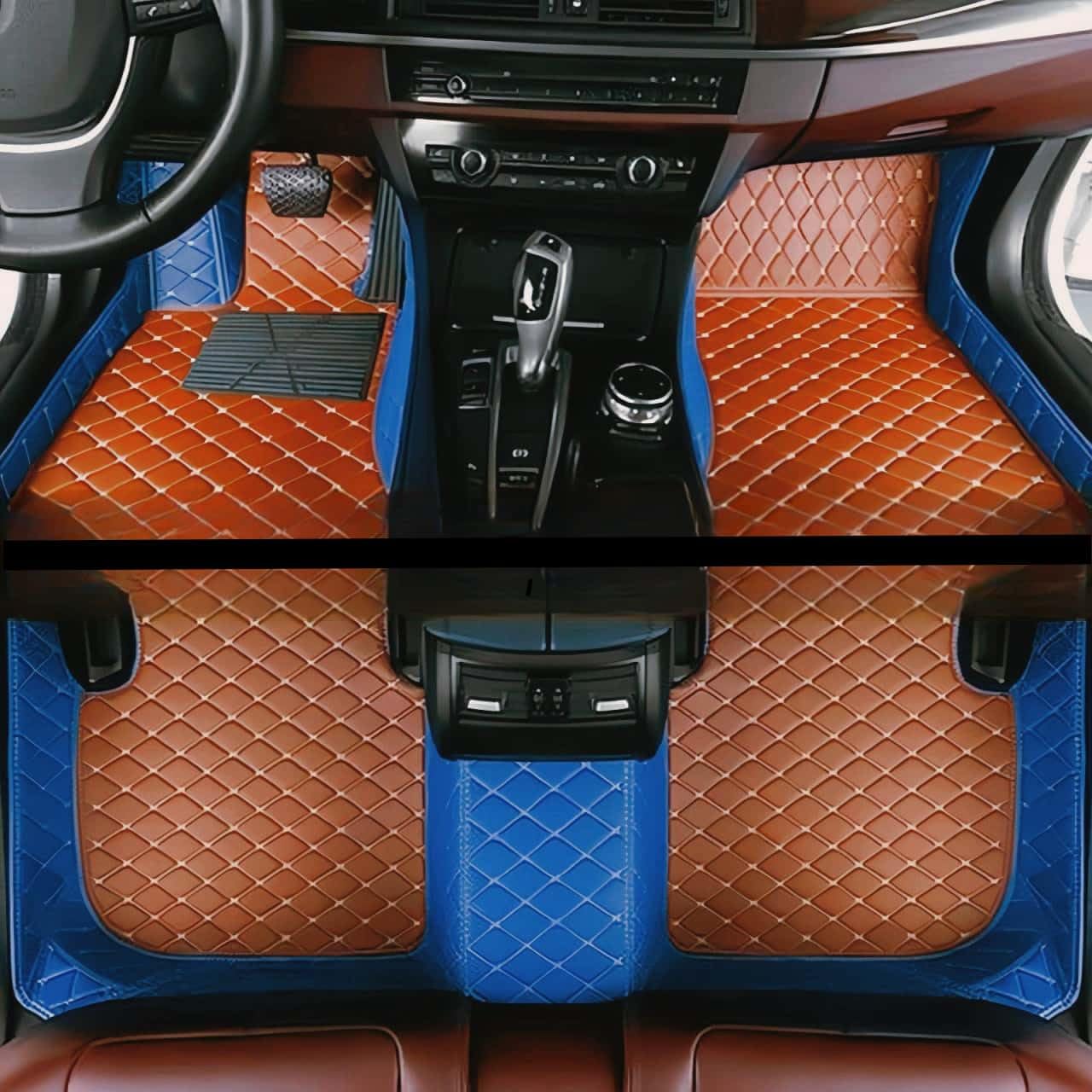 Custom Luxury Car Floor Mats Suitable for All Sedans, Sports Cars,SUV, Business Vehicles, Trucks, Waterproof and Anti Slip Fully Covered Leather Floor Mats (Blue and Light Brown)