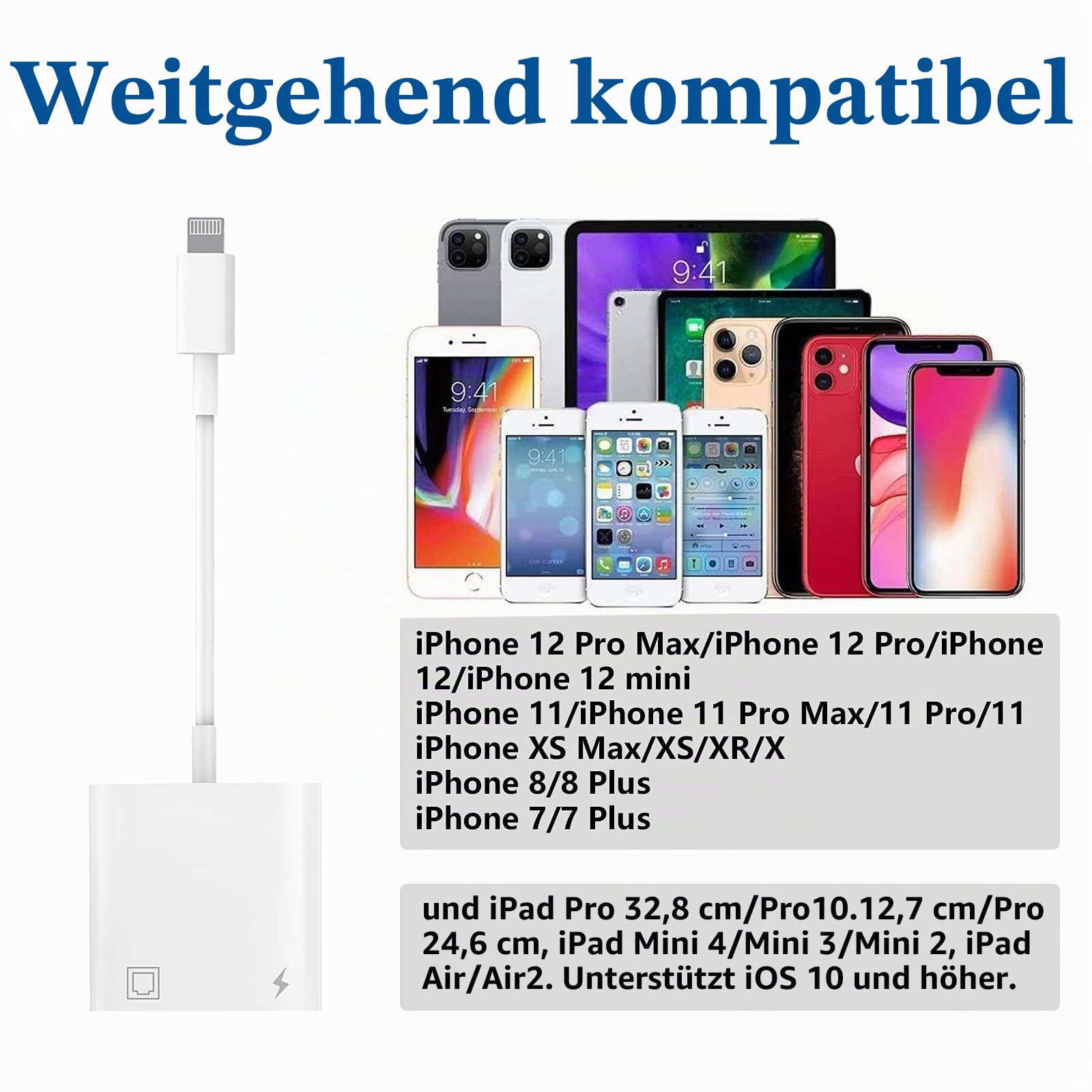 Apple MFi-zertifizierter Lightning-zu-Ethernet-Adapter, 2-in-1-RJ45-Ethernet-LAN-Netzwerkadapter mit Ladeanschluss für iPhone/iPad/iPod, Plug-and-Play, unterstützt 100 Mbps Netzwerk