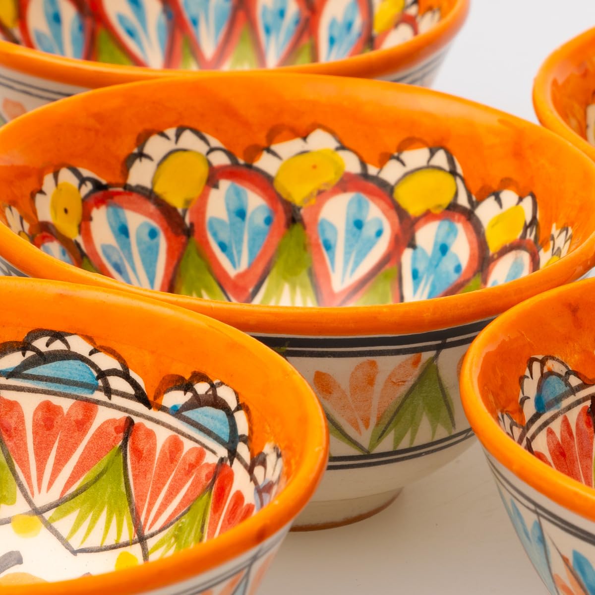 PODARI 6 Keramikschalen 200 ml Piyola klein handgefertigt Muster (Orange) - Usbekischer Schälchen mit handbemaltem Design | Teetasse | Schale Bunt Keramik