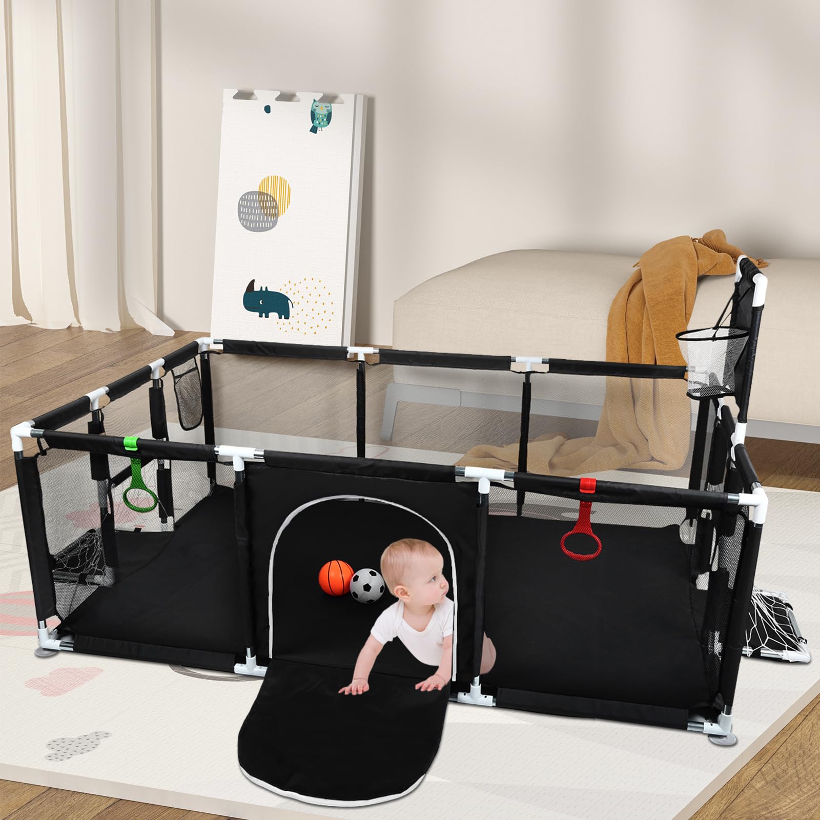 Parc Bebe 180X120X66 cm, 1 ballon de football + 1 ballon de basket + 1 pompe + 2 anneaux de traction + 4 ventouses gris foncé，parc bebe pliable，parc enfant (noir)