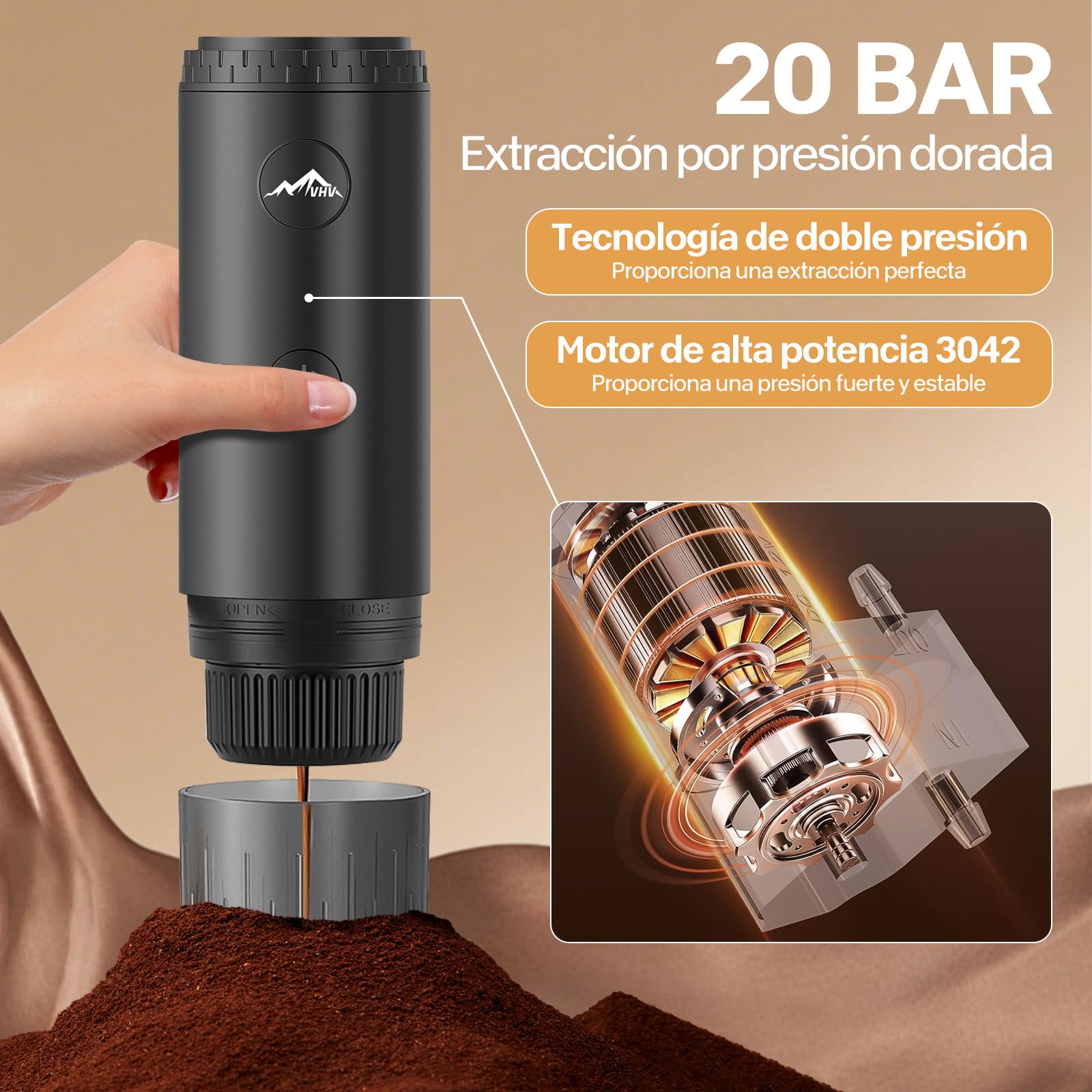 VHV Cafetera Portátil, Cafetería Portátil 3 en 1 Compatible con Cápsulas Espresso y Café en Polvo, Recargable para Viaje, Camping, Coche, Casa (Rojo)
