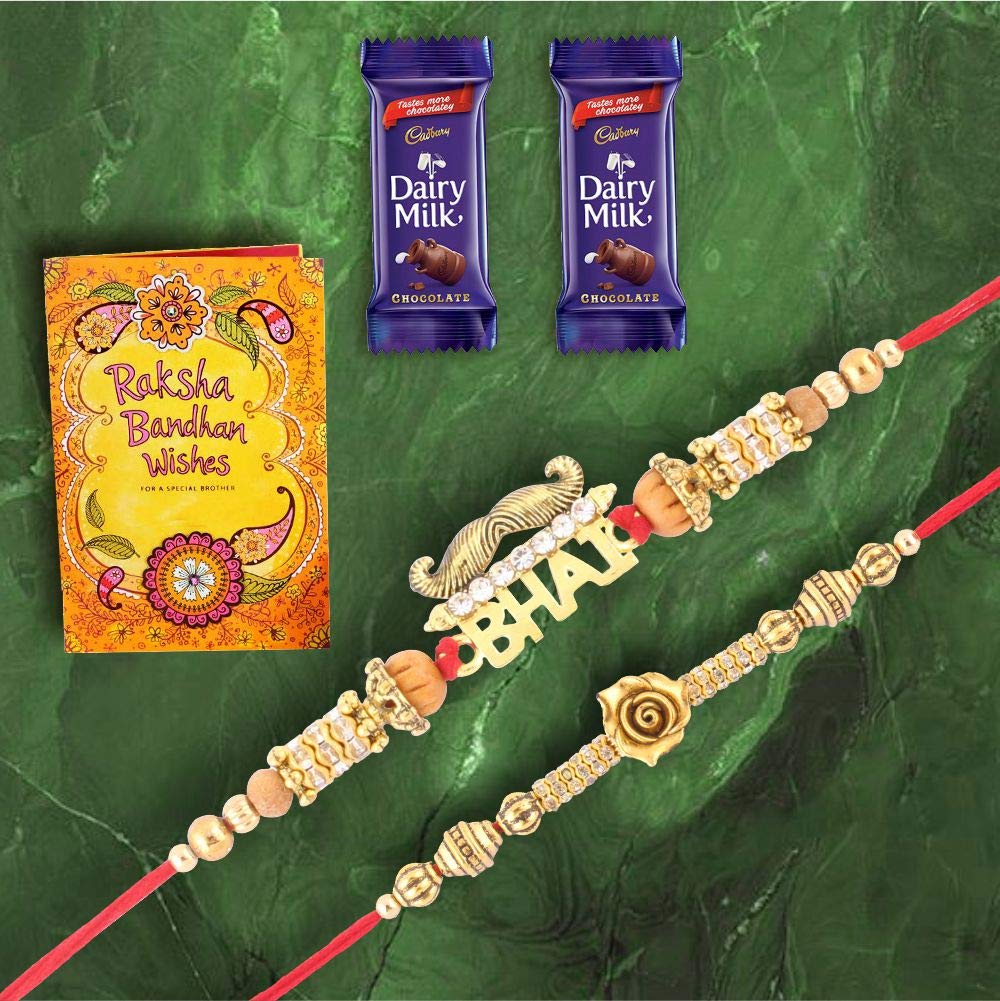 SFU E Com Premium Designer Set of 2 Rakhi & Greeting Card with 2 Pieces Cadbury Dairy Milk Chocolate | Rakhi Chocolate Gift for Brother | Roli, Chawal, Chandan, Misri | 10