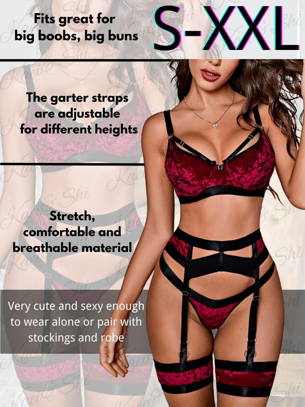 Garter Lingerie for Women,Sexy Lace Lingerie,Sheer Matching 4 Piece Lingerie Set - Image 4