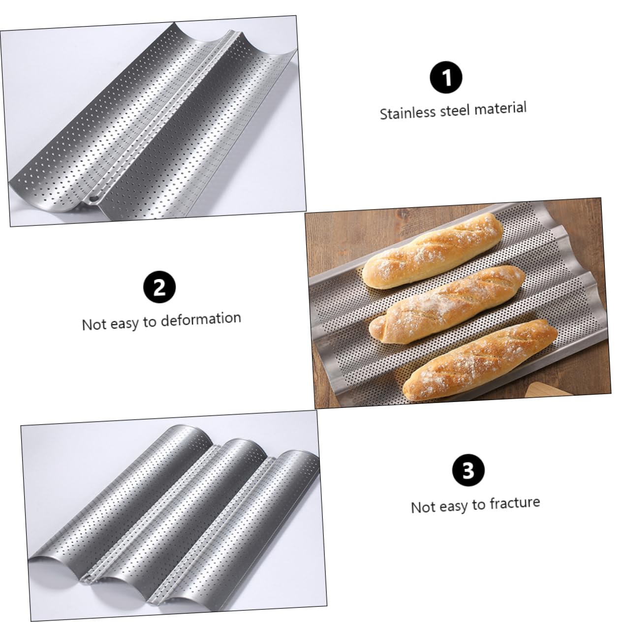 IMIKEYA 2 Moldes para Hornear Pan Tipo Baguette de Acero Inoxidable Revestimiento Antiadherente, Fácil de Almacenar, Ideales para Cocina Casera y Panadería