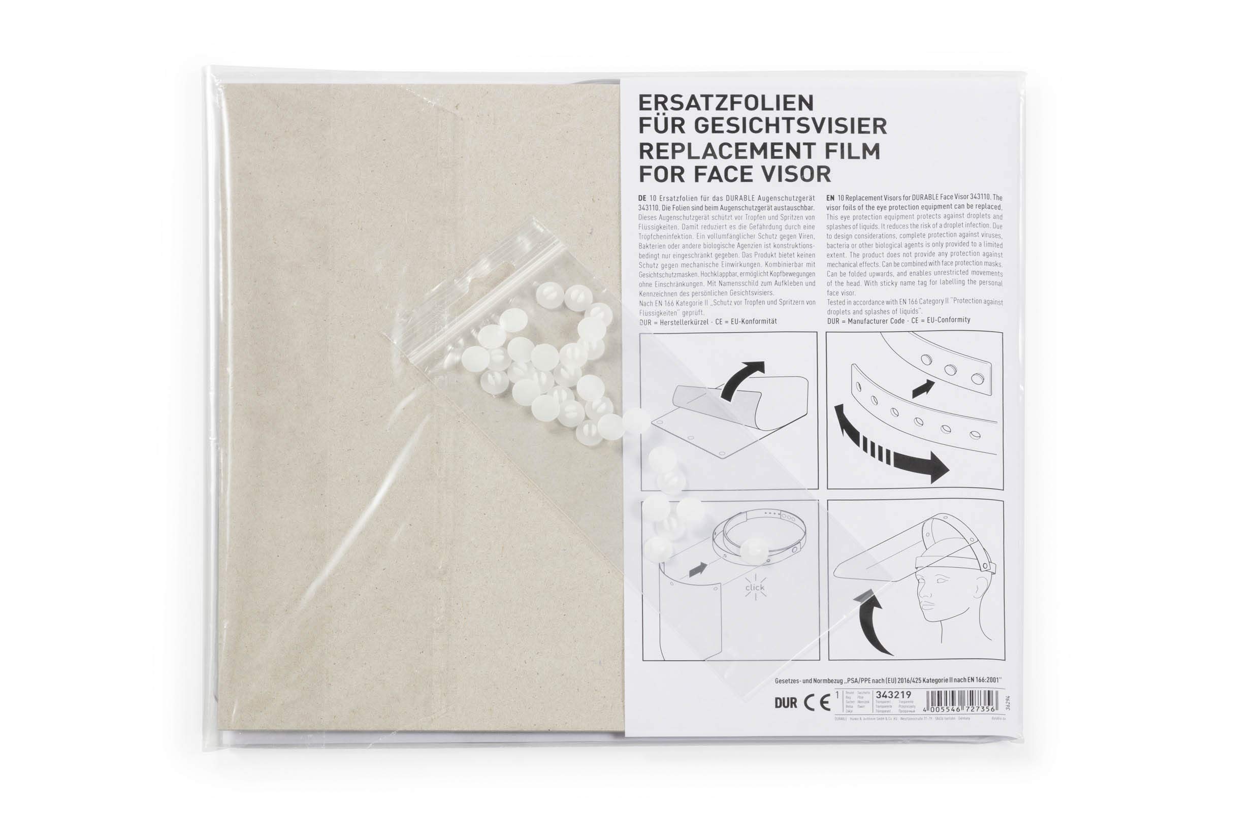 Durable 343219 Feuilles de Remplacement pour Visière 343110, avec Boutons Pression, Désinfectables, Fabriquées Dans L'Ue, 10 Pièces