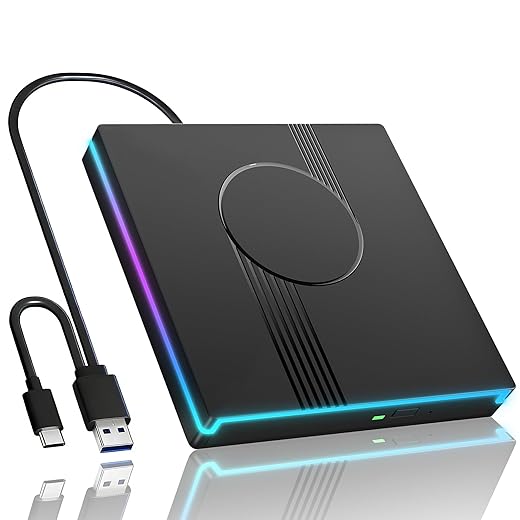 Wbacon RGB External CD/DVD Drive for Laptop, External CD Drive USB 3.0 Type-C Portable DVD Player, CD Burner +/-RW Optical Drive, Slim CD ROM External Drive for Laptop Desktop PC Windows Mac (Black)