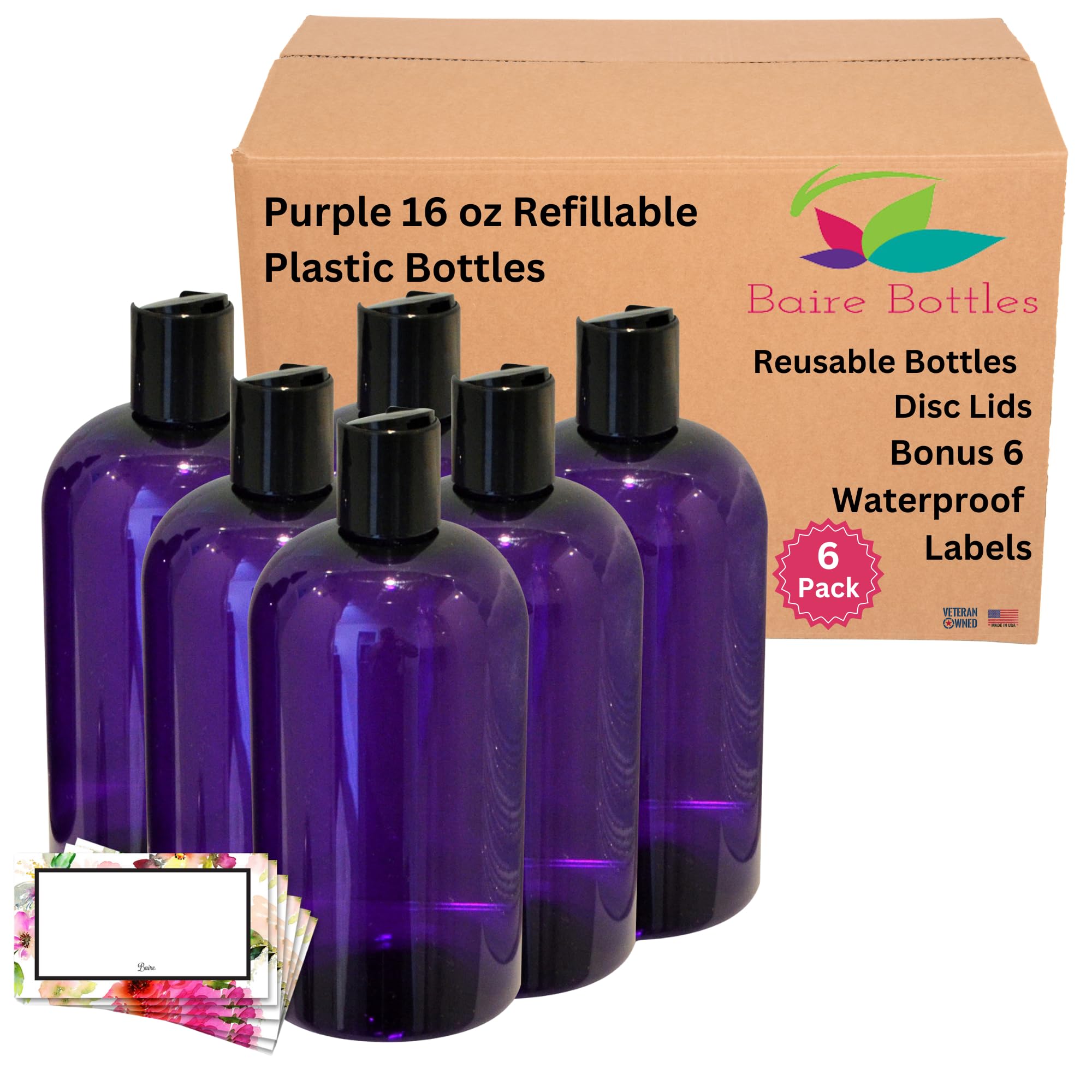 16 oz Empty Plastic Bottles with Squeeze Top for Shampoo Bottles, Lotion Bottle, Hand Sanitizer, 6 Pack, Waterproof Labels, PET, BPA Free USA (Purple with Black Disc, Floral Labels)