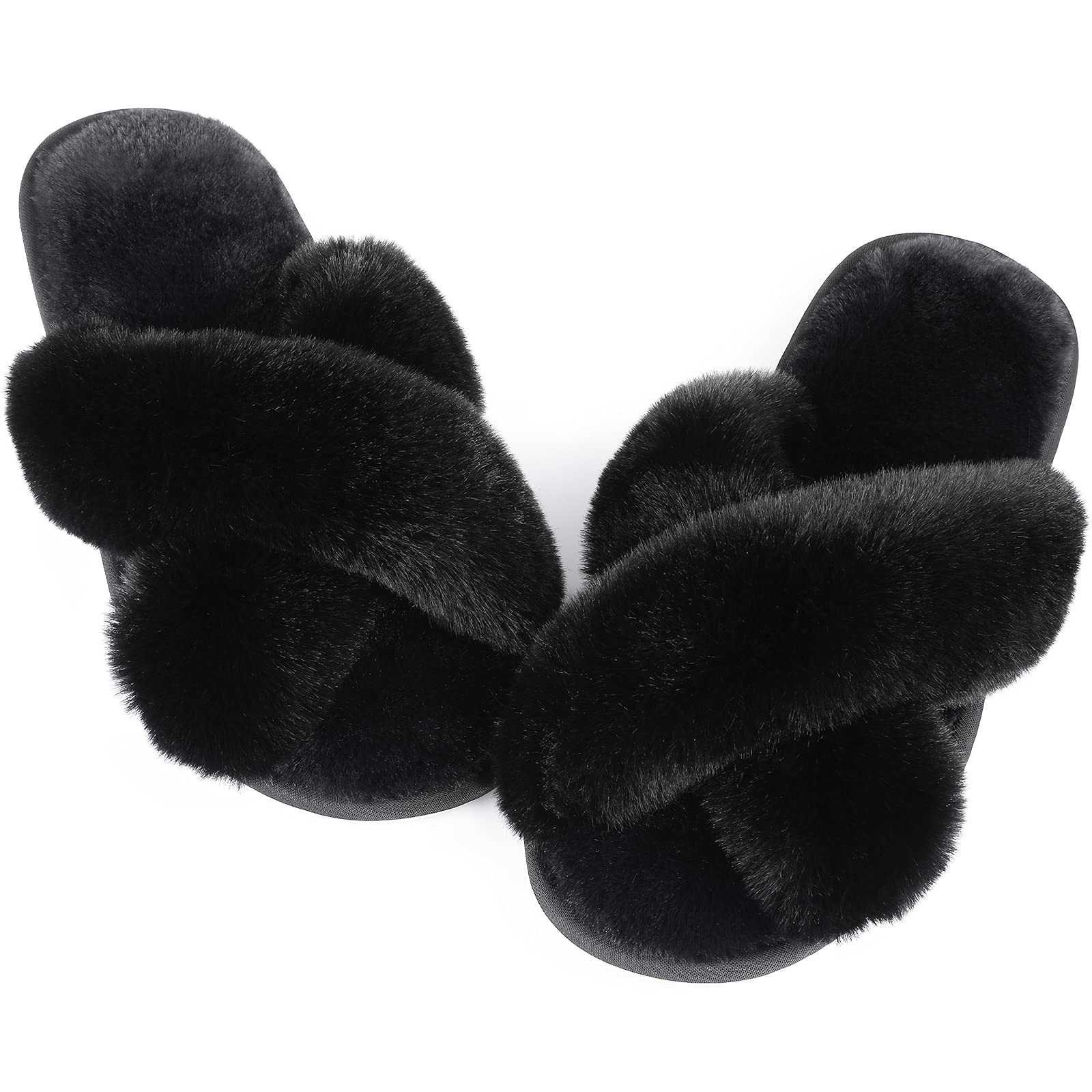 Ankis Womens Fuzzy Memory Foam Slippers Cross Band Cozy Plush Home Slippers Fluffy Furry Open Toe House Shoes Indoor Outdoor Slide Slipper: 9-10 Black