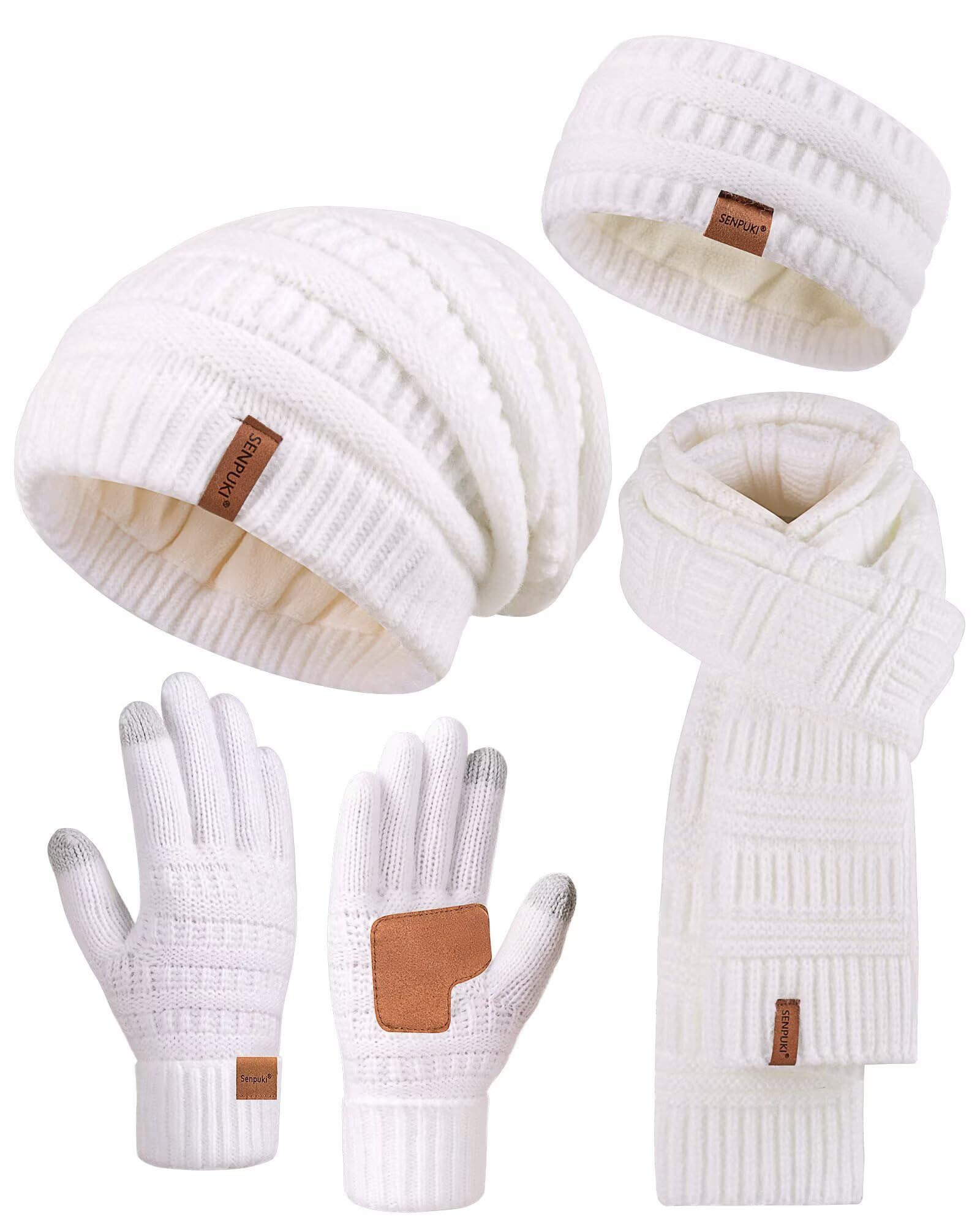 Womens Winter Beanie Hat Scarf Gloves Headband Set, Slouchy Beanie Ear Warmer Knit Scarf Touchscreen Gloves Warm 4 Gift Set