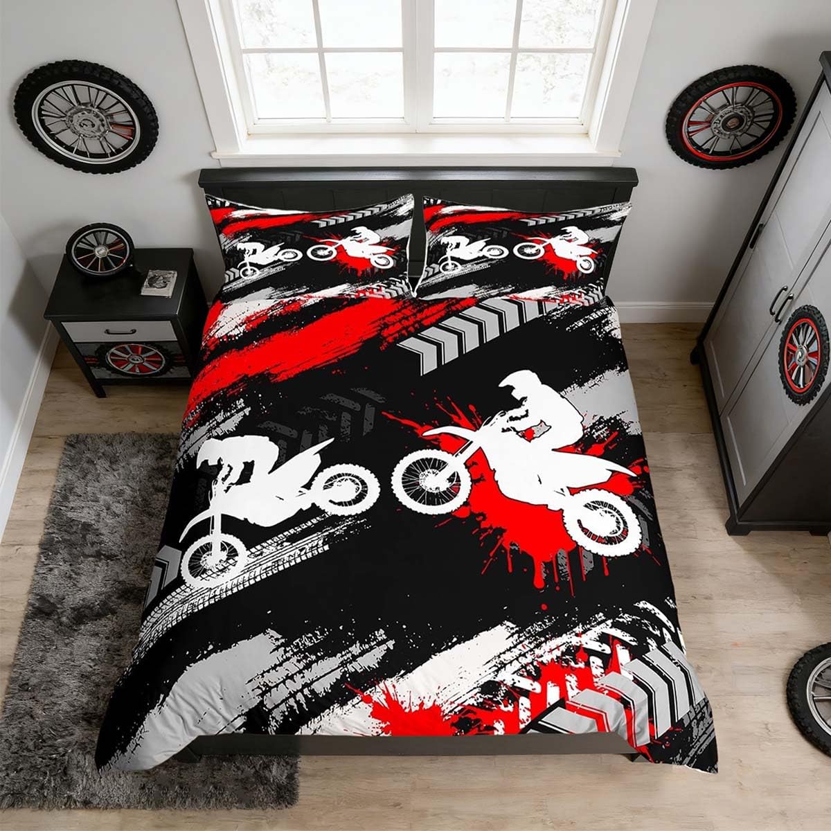 Homemissing Red Motorcycle Duvet Cover Set Double Size For Kids Boys Girls Teens Racing Motocross Rider Bedding Set Extreme Sports Duvet Cover with 2 Pillowcases Dirt Bike Bedding โ image 1