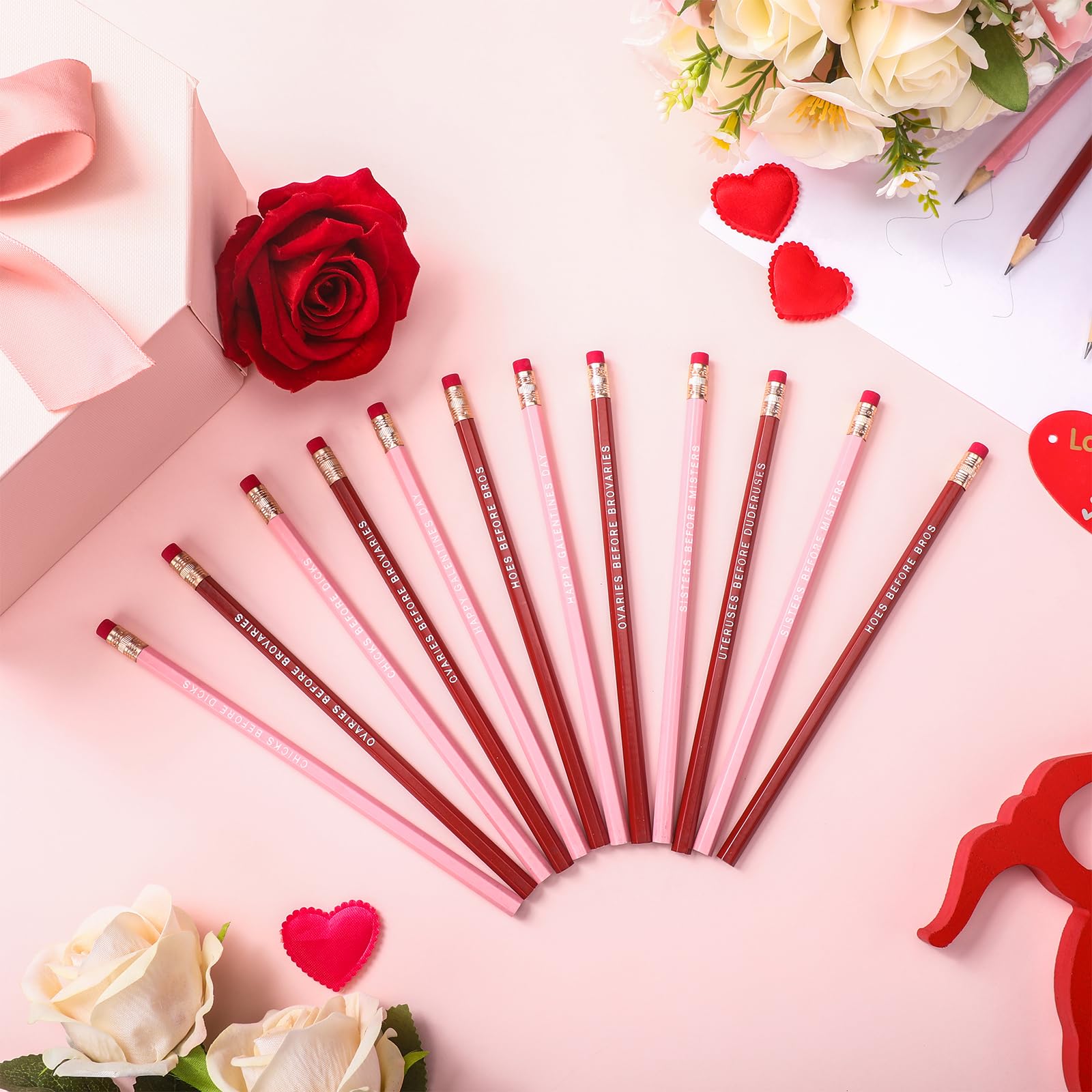 Harloon 36 Pcs Galentines Funny Pencil Bulk Happy Galentine's Day Party Favors Exchange Gift Red and Pink Wood Sayings Pencils with Erasers for Girlfriend Women Coworker Employee, 2 Colors