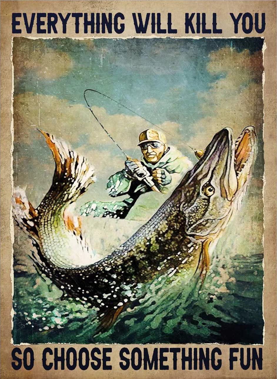 Fishing Man Fishing Lover Metal Tin Sign,Vintage Wall Decor Retro Art Sign Funny Decor for Home Bar Pub Cafe Farm Room Metal Poster 12x16 Inch