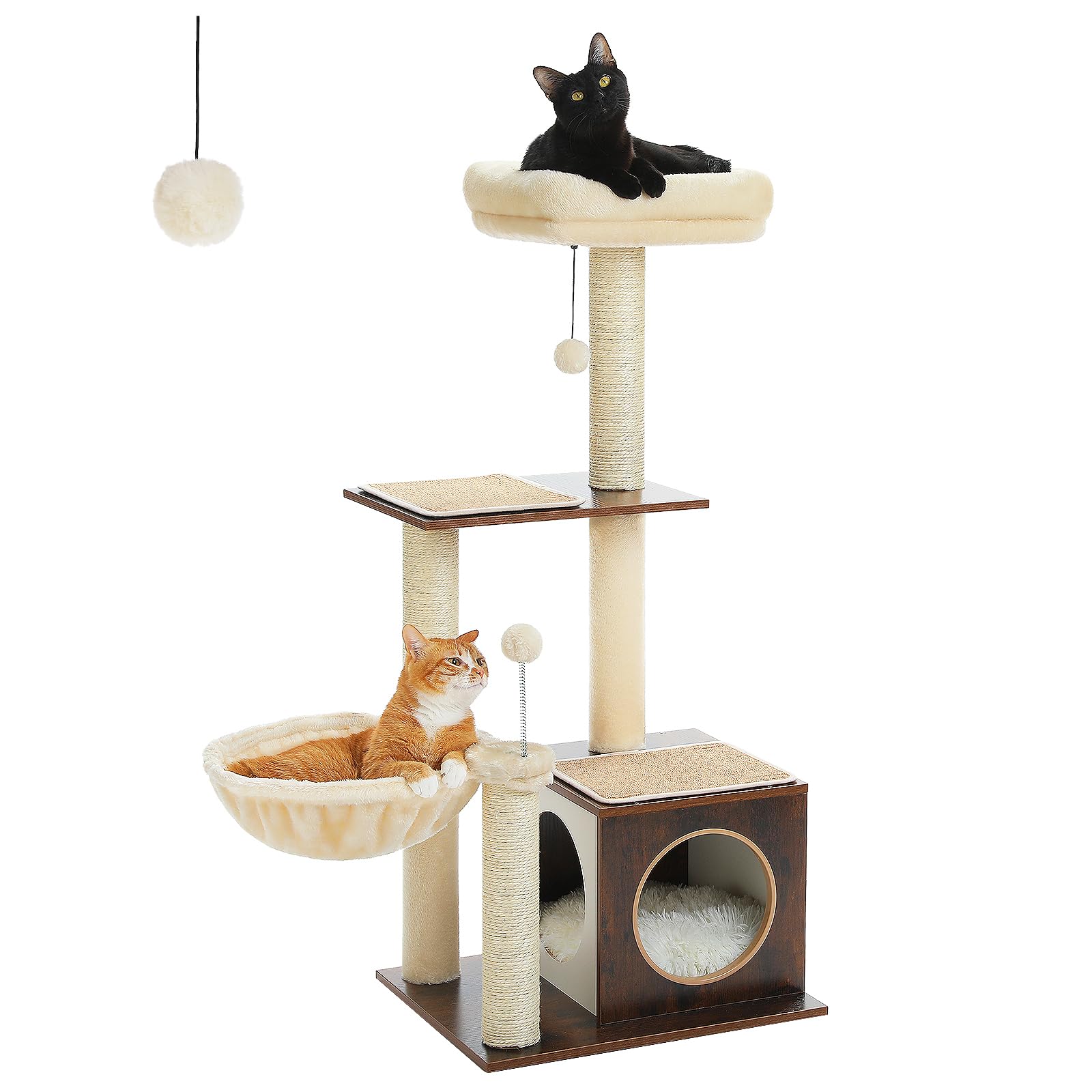 PEQULTI Modern Cat Tree for Indoor Cats,Multilevel Play House Cat Tower with Cat Condo, Scratching Post, Cozy Hammock and Plush Pompom, Brown