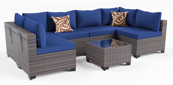 7PCS Outdoor Patio Furniture Set PE Wicker Rattan Sectional Sofa | Patio Conversation Set with 4" Thickened Cushions and Coffee Table, All-Weather PE Rattan for Garden,Backyard,Porch,NavyBlue