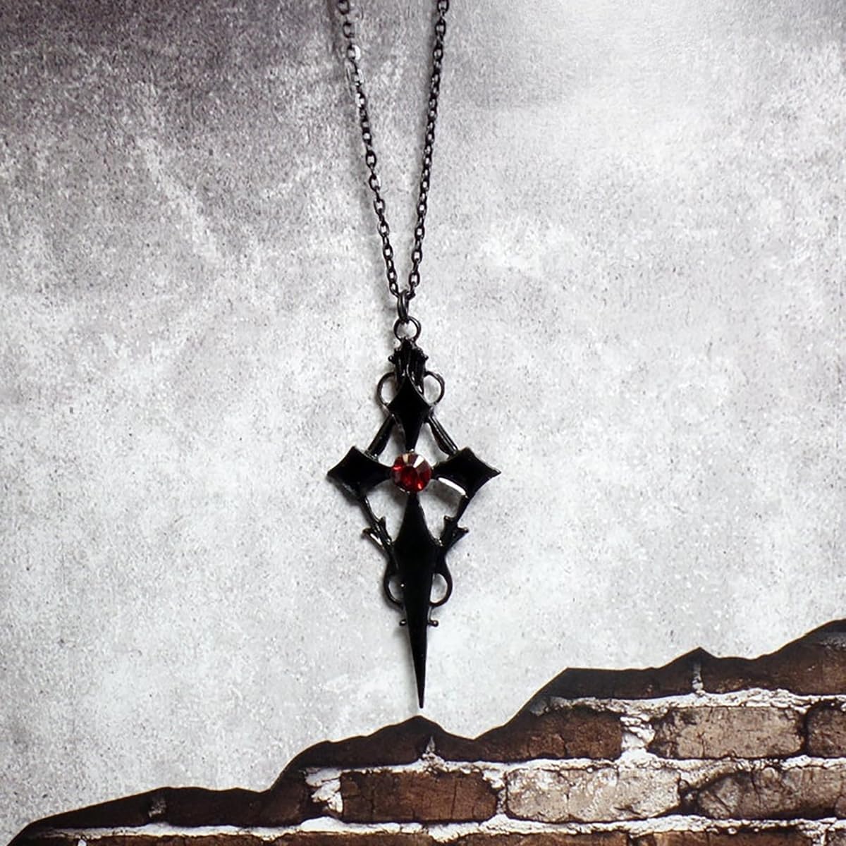 Gothic Cross Necklace Black Red Crystal Gemstone Cross Necklace Dark Punk Style Vampire Pendant Necklace Goth Necklace Large Cross Pendant Retro Black Cross Sword Necklace Christmas New Year Halloween Costume Jewelry for Women Men - Image 4