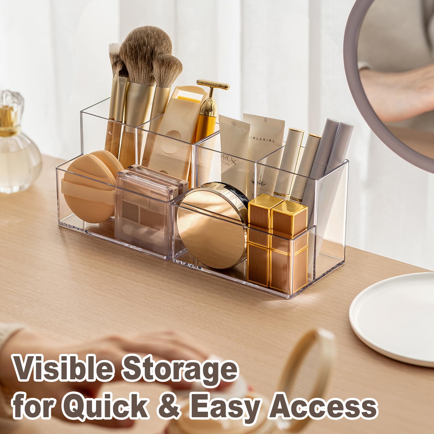 mioluo Clear PET Makeup Organizer, Lipstick Brush Holder for Bathroom Cabinet- Transparent Medicine Cabinet Organizer Multi Compartment Storage Box Holder for Countertop, Home Office Classroom
