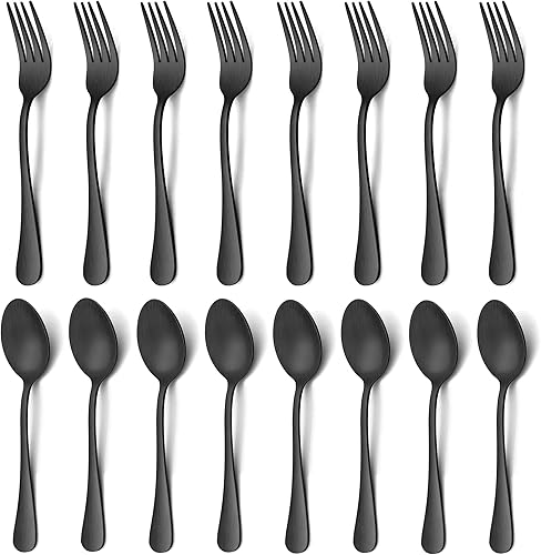 LIANYU Juego de cubiertos negros mate de 16 piezas, 8 tenedores y 8 cucharaditas, cubiertos negros de acero inoxidable para el hogar, cocina, hotel,