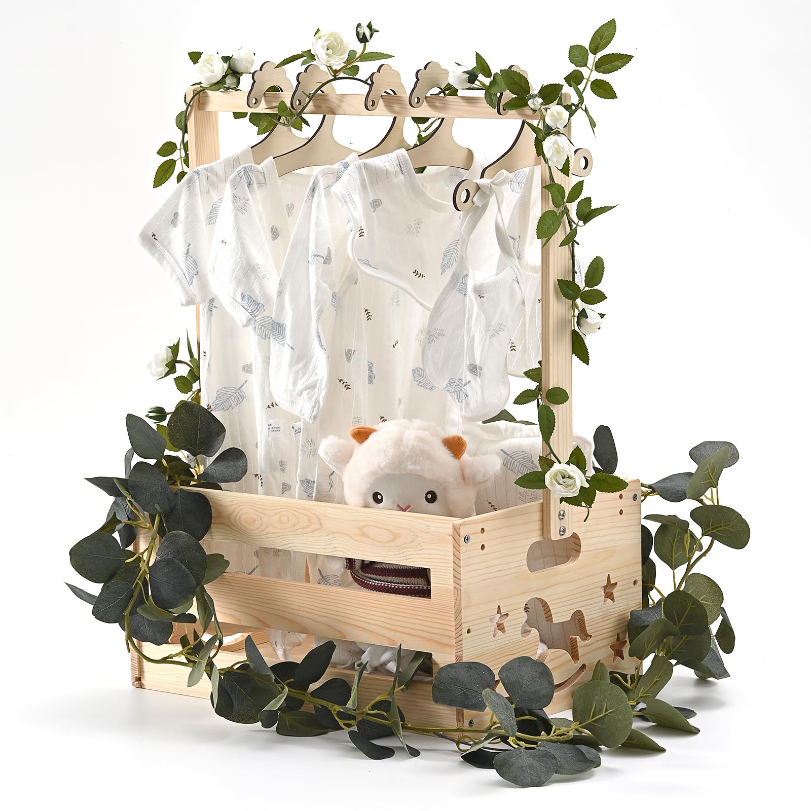 Happyiren Wooden Baby Shower Crate Closet, Baby Shower Basket Gift with Hanger Rack for New Parents, Baby Storage Basket for Boys and Girls Newborn Welcome Box Wood Color